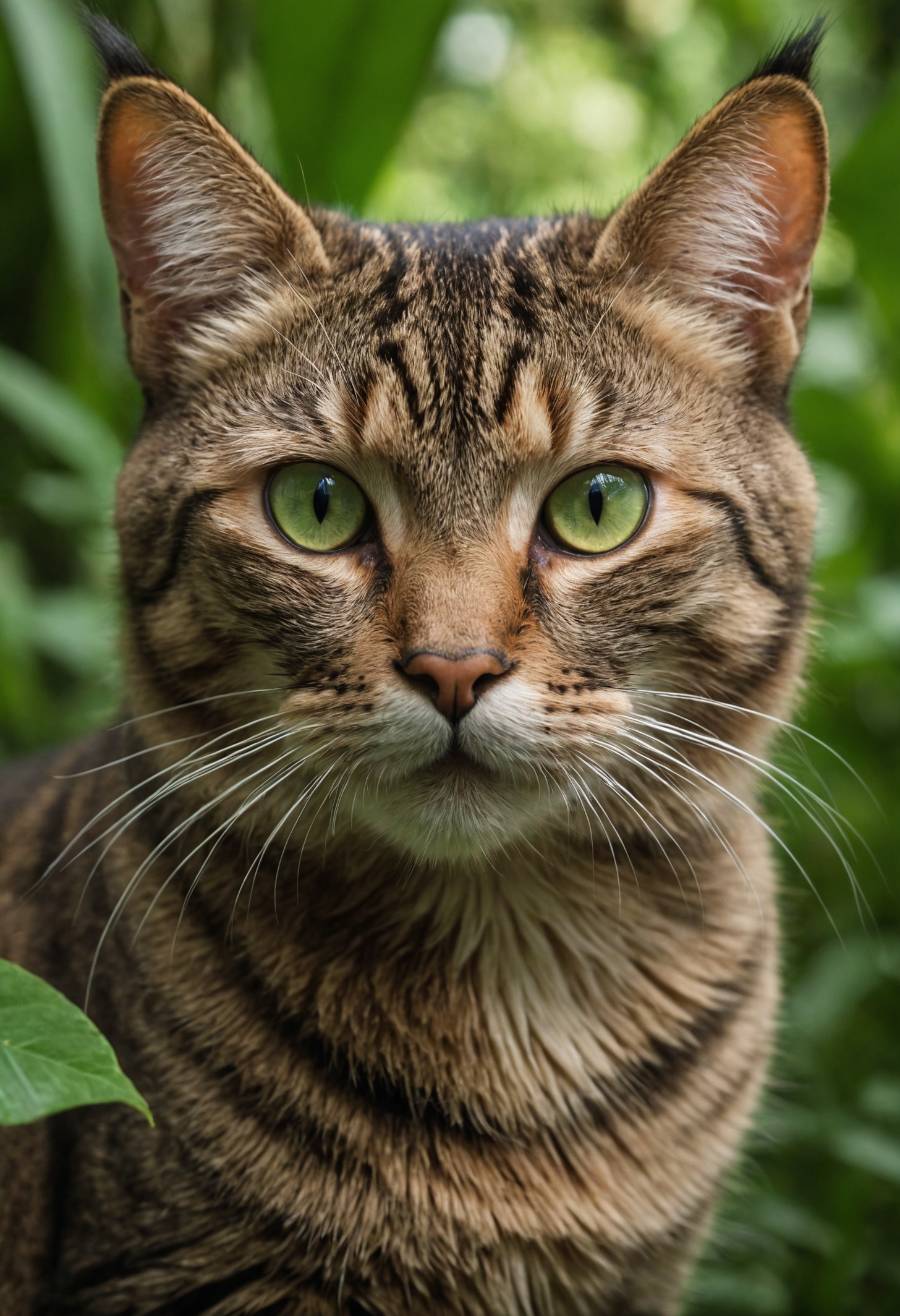 High Geographic Nation Symmetrical Close-up Portrait Session in the Green Jungle of an Expressive Cat Animal , anamorphic lens, ultrarrealista, hiperdetallado, núcleo verde, core of the jungle –ar 16:9 –q 2 –v 5