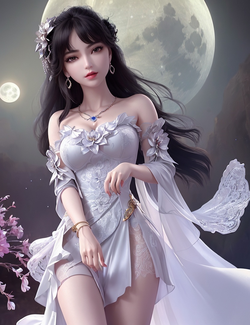 ultra realistic 8k cg, picture-perfect face, flawless, clean, masterpiece, professional artwork, famous artwork, cinematic lighting, cinematic bloom, perfect face, beautiful face, fantasy, dreamlike, unreal, science fiction,   lace, lace trim, lace-trimmed legwear,  (rich:1.4), prestige, luxury, jewelry, diamond, gold, pearl, gem, sapphire, ruby, emerald, intricate detail, delicate pattern, charming, alluring, seductive, erotic, enchanting, hair ornament, necklace, earrings, bracelet, armlet,halo((,1girl, pov,))(((1girl, jewelry, solo,, breasts, , looking_at_viewer,  outdoors,  flower, full moon,  teenage,  )))    <lora:DA_YueChanTeen:0.7>