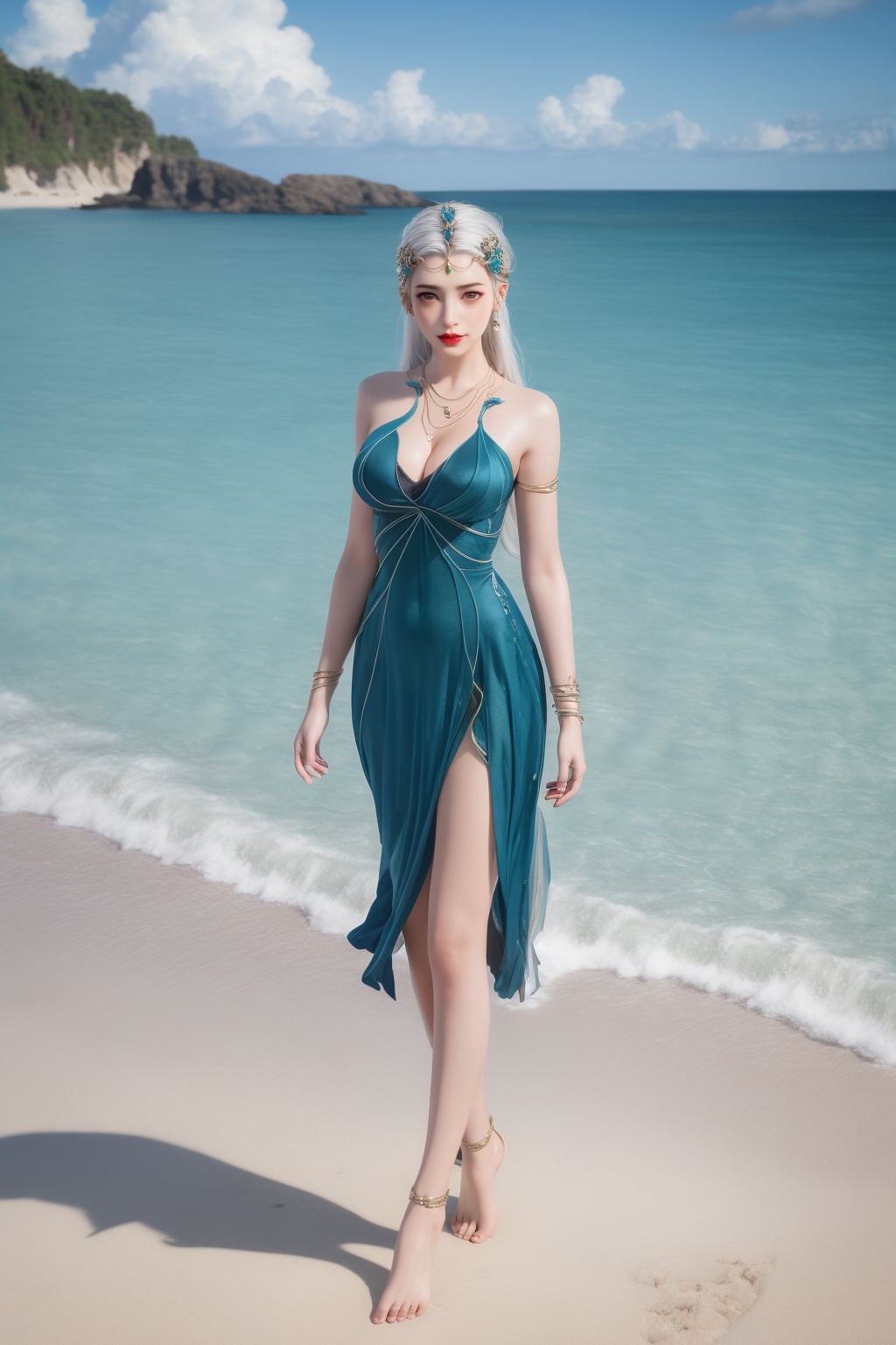 photo_\(medium\),(8k, RAW photo, best_quality),(masterpiece:1.2),(realistic:1.2),(photorealistic:1.3),(ultra-detailed),(extremely_detailed_cg_8k_wallpaper),(crystal_texture_skin:1.3),(shiny:1.2),(shiny_skin:1.4),(extremely_delicate_and_beautiful),shenfengQinYao,1girl,solo,blue dress,torogao,bouncing breasts,cleavage,armlet,tattoo,bracelet,standing,white hair,barefoot,anklet,jewelry,hair ornament,earrings,red lips,realistic,looking at viewer,summer,beach,sea,sunshine,<lora:shenfengQinYao_20240524201339-000005:0.7>,