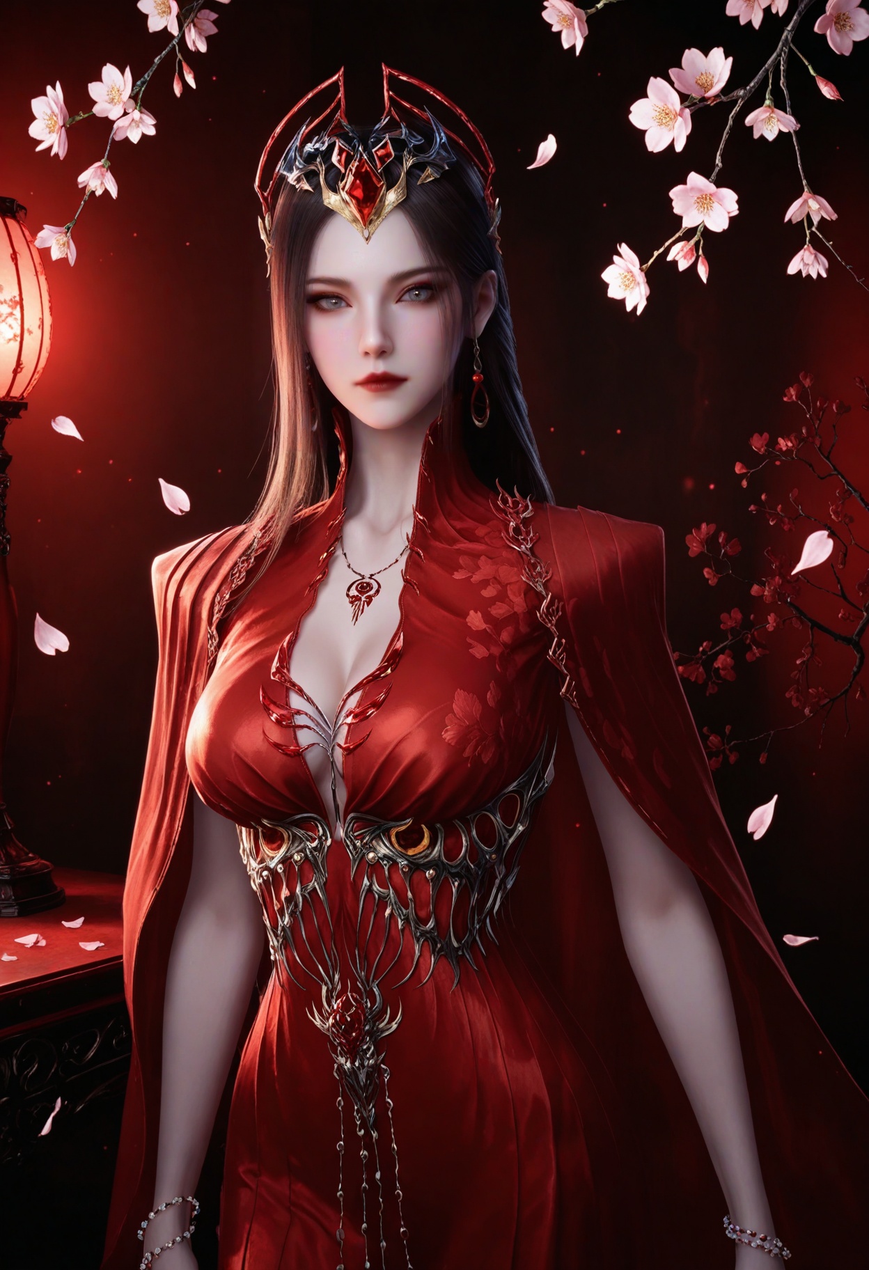 (looking at viewer:1.1),upper body,(Dark room:1.3),(moody lighting:1.1),peach blossom,falling petals,(large breasts:0.8),yexishui,1girl,solo,long hair,jewelry,red dress,dress,brown hair,closed mouth,realistic,hair ornament,earrings,cape,grey eyes,necklace,bracelet,red lips,high heels BREAK masterpiece,(best quality),(intricate details:0.9),(realistic skin:1.2),<lora:QQSillyexishuiV1:0.8>,