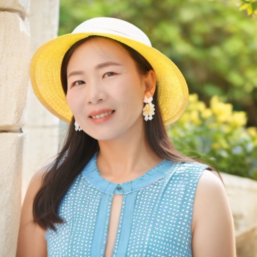 A girl,solo,40_years_old,sweet,black hair,Flower woven straw hat,blue dress,smile,Facing to viewer,highres,bust,earrings,hairband,jewelry,long hair,racket,