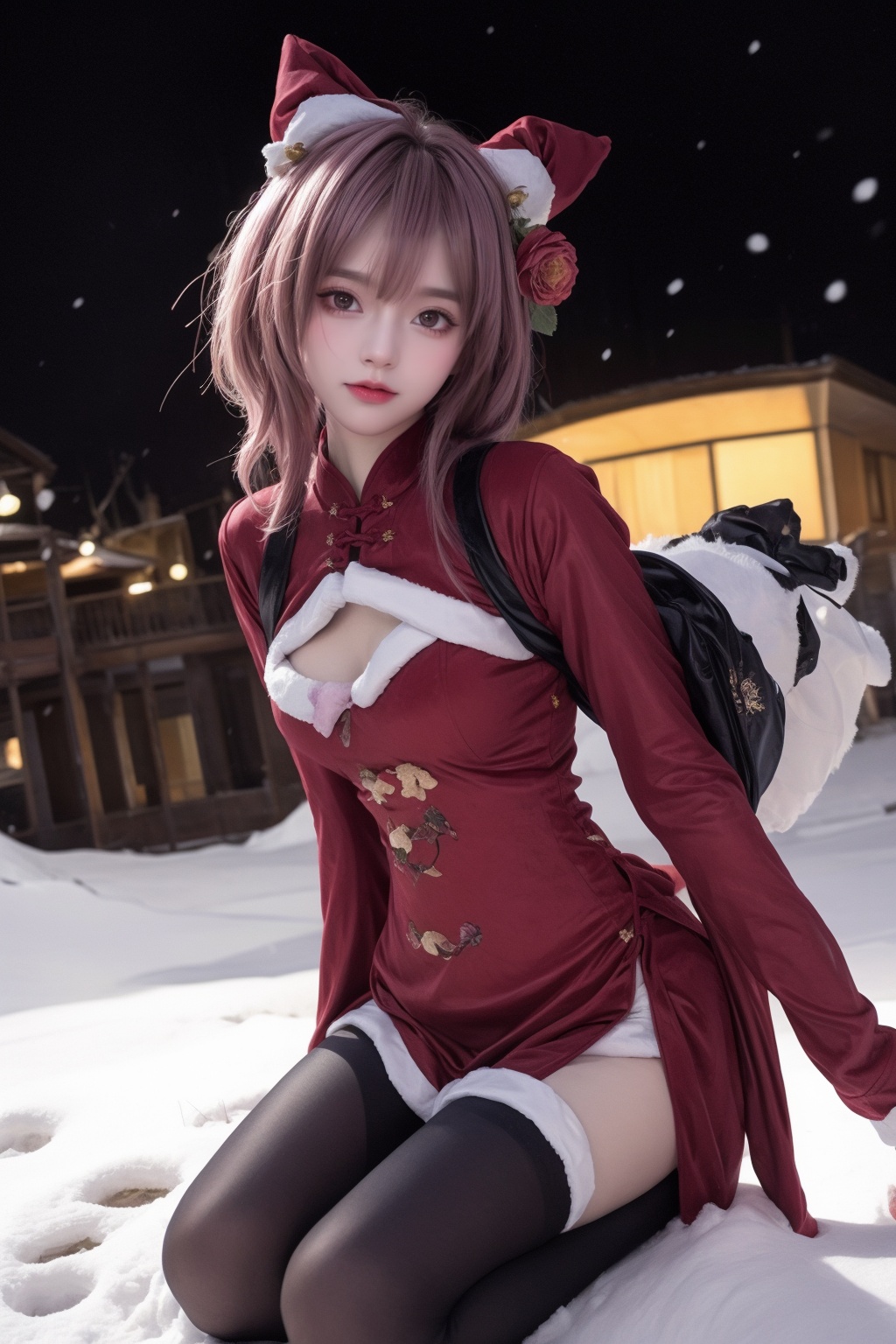 Astolfo,pink haur,purple eyes,femboy,Santa suit,background,snow,city,<lora:qipao:0.7>,qipao,Velvet,(flower:1.3),