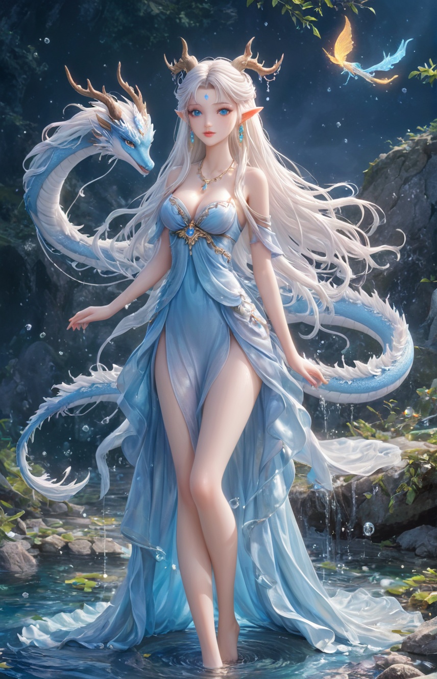 Score_9,Score_8_up,score_7 up,Depth,Realistic,Masterpiece,white hair,1girl, solo, breasts, long hair, barefoot, long hair, jewelry, forehead mark, necklace, blue eyes, hair ornament, earrings, looking at viewer, dress, bare shoulders, facial mark, cleavage, bare legs, pointy ears, full body,expressions,  Magic,Magic Games,Goddess Alliance,Western mythology,godness,Fairy girl in the wind, colorful eyes, long eyelashes, dancing in a light blue dress, purple hair, dragon horns at the head, tall and thin girl, blue dragon wrapped around the girl's shoulders, walking in the water, singing beautifully, stars falling to the bottom of the lake, waves wrapped around the dragon's tail, water droplets suspended, the stars of last night and the wind of last night, Crystal Qionglou and Dragon Palace coiled in their hands, withered, fell into the lake, and a little firefly glowed. <lora:20230919-1695115856496-0005:0.41> <lora:add-detail-xl:1>white hair, longhair, messy hair, blue eye,extremely delicate and,beautiful, water, ((beauty,detailed eye)), highly,detailed, cinematic,lighting, ((beautiful face),fine water surface, (original,figure painting), ultra-detailed, incredibly,Game character design,mythology,goddess,immortal,fantasy,bang,(long hair:1.1),beautiful girl,beautiful eyes,beautiful face,3sss skin,Soft illumination,ssr,intricate details, <lora:古风动漫美女XL_古风动漫美女XL_v1.0:0.31>  <lora:敦煌风格civitai:0.41> <lora:国风插画SDXL:0.41> <lora:dragon_小龙女_水晶神龙1.0_v1.0:0.31>, masterpiece, best quality,