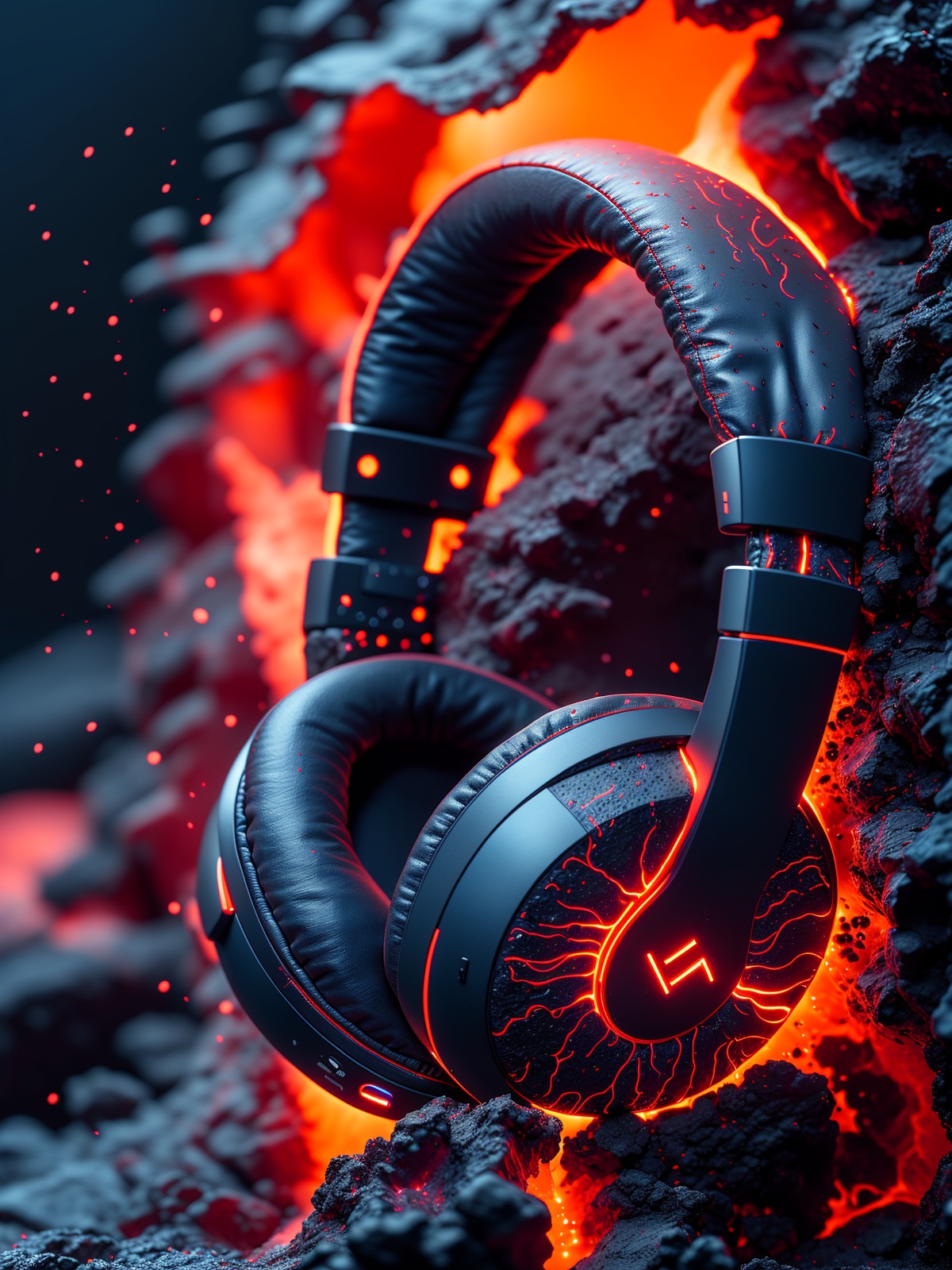 highly detailed,best quality,high resolution,masterpiece,high resolution,(lava flow\(glowing, splash, surround headphones\):1.1),(background\(bright color, lava flow\) :1.2),focus on headphones,(headphones \(Put on Lava,\):1.4),Ultra HD texture,Crazy Detail,product photography,close-up of headphones,