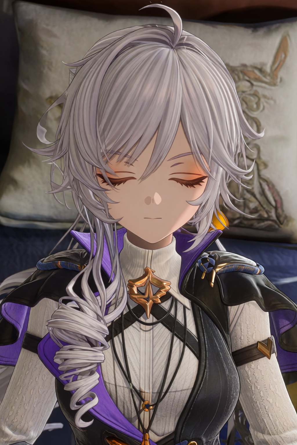 A close-up,  high-angle view of a female character with silver hair and closed eyes,  her head tilted down and to the side...
