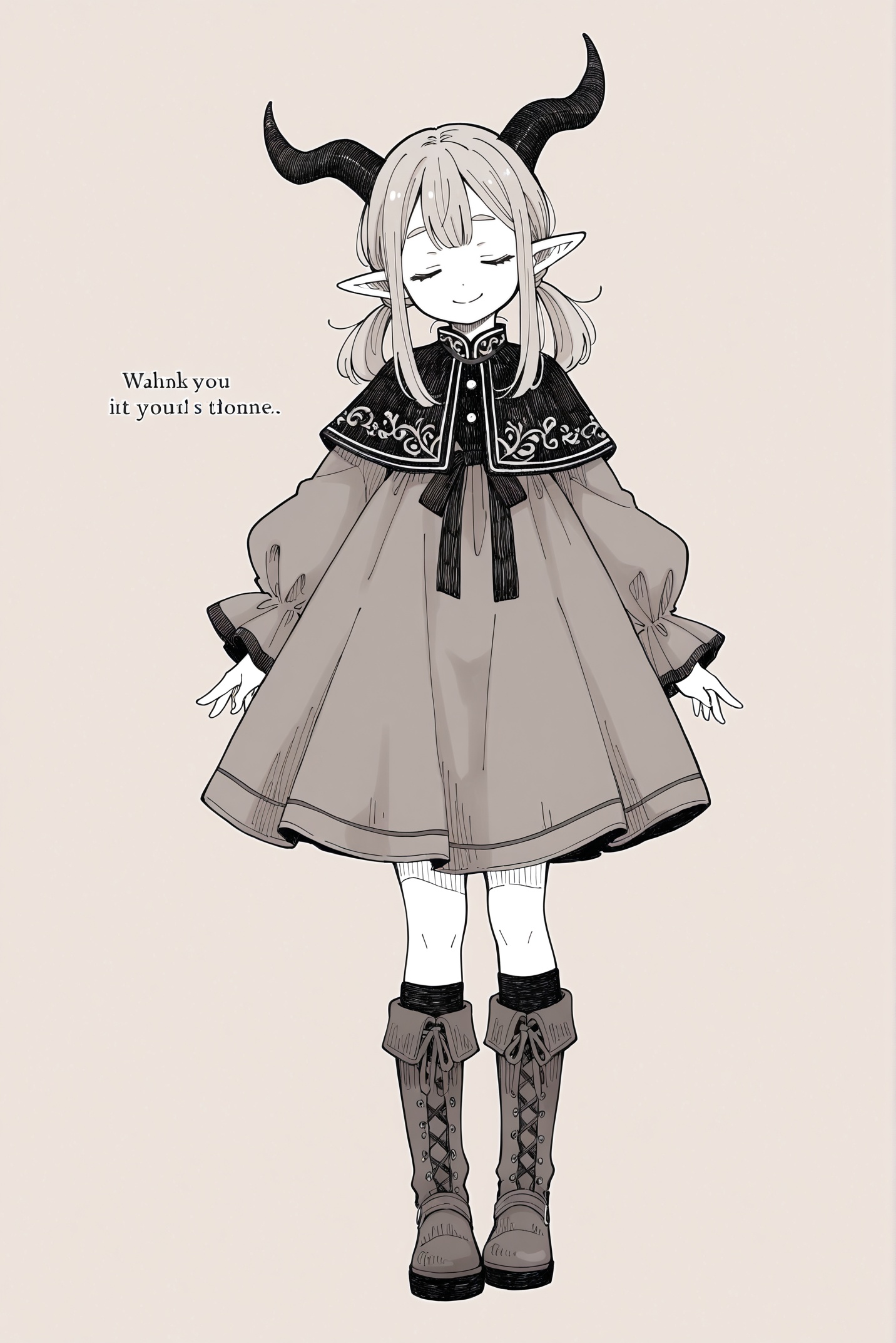 masterpiece,best quality,<lora:jijia-gnoobv-Tanger-000014:0.4>,jijia,2d,anime,artist:hey,solo,horns,1girl,monochrome,pointy ears,closed eyes,dress,simple background,standing,long hair,smile,short hair,boots,twintails,full body,english text,