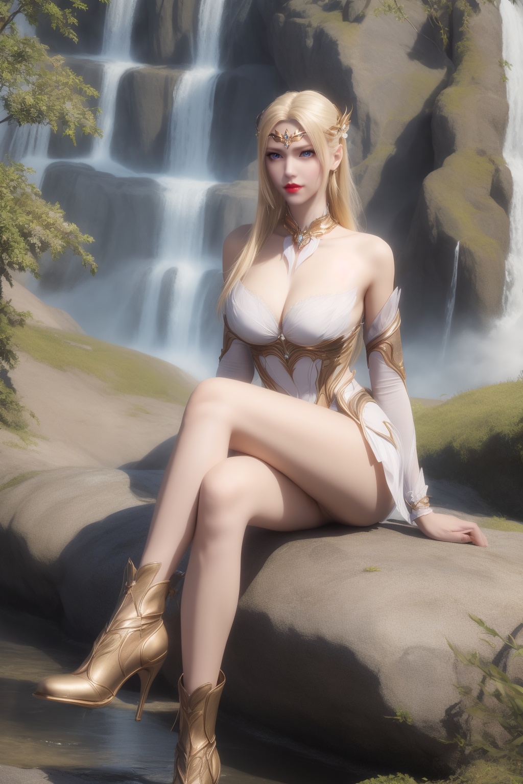 ultra realistic 8k cg,flawless,clean,masterpiece,professional artwork,famous artwork,perfect face,beautiful face,best quality,full_shot,absurdres,shenfengQianRenXue,1girl,solo,armor,dress,sitting,crossed legs,feathers,blonde hair,blue eyes,detached collar,detached sleeves,circlet,torogao,smile,makeup,red lips,breasts,large breasts,jewelry,earrings,hair ornament,(outdoors:1.4),water,waterfall,butterfly,flower,long hair,realistic,looking at viewer,boots,high heels,<lora:shenfengQianRenXue_20240104234202-000004:0.7>,