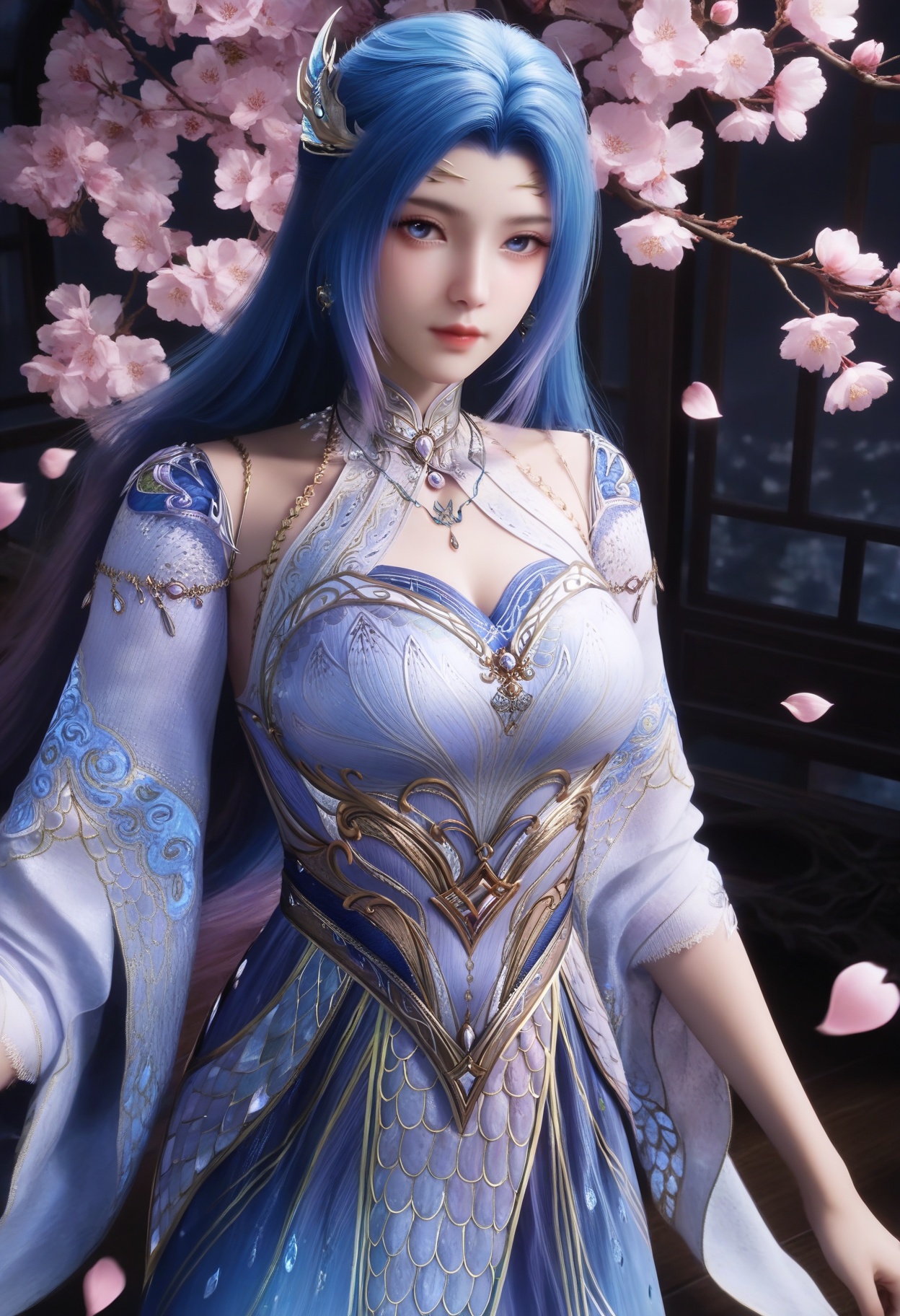 masterpiece,best quality,amazing quality,very aesthetic,high resolution,ultra-detailed,absurdres,scenery,photorealistic,(looking at viewer:1.1),upper body,(Dark room:1.3),(moody lighting:1.1),peach blossom,falling petals,(large breasts:0.8),tangwutong,1girl,solo,long hair,hair ornament,blue eyes,jewelry,dress,earrings,detached sleeves,high heels,necklace,anklet BREAK photorealistic details,<lora:QQSilltangwutongV1:0.8>,