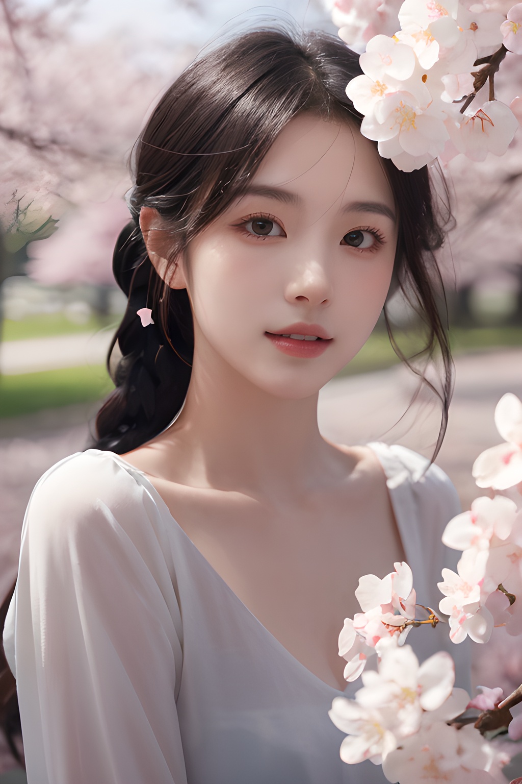 <lora:0810_01:0.7>,a girl with a dreamy expression,surrounded by floating cherry blossom petals in a soft breeze,springtime magic,gentle radiance.korean girl,black hair,, 1girl,realistic,masterpiece, best quality, photorealistic, HDR,detail