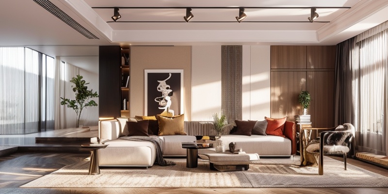 Modern Low Luxury Style,Realistic details,Indoor photography,indoors,pillow,book,no humans,window,chair,table,curtains,scenery,couch,wooden floor,potted plant,lamp,carpet,