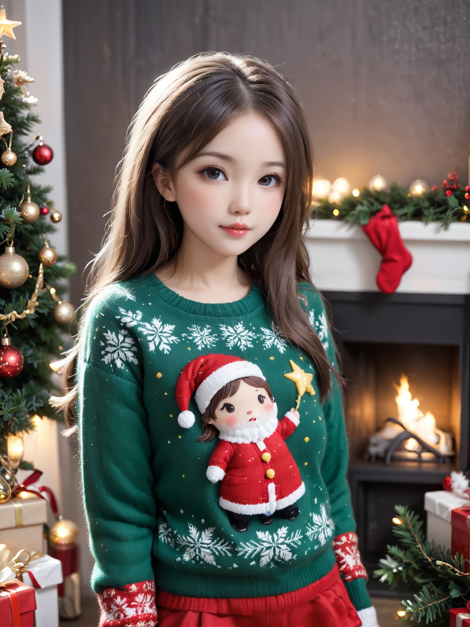 cute Christmas girl,wearing Christmas Sweater,