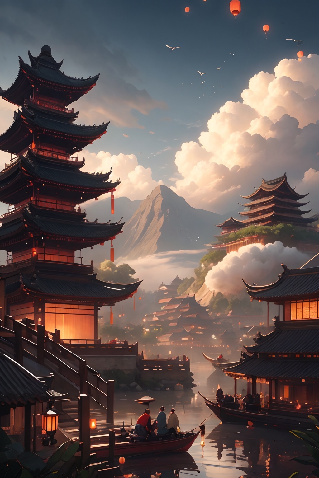 scenery, lantern, cloud, architecture,  east asian architecture, outdoors, sky, watercraft, bird, boat, facing away, water, day, pagoda, sitting, building,mountain, cloudy sky, <lora:house:0.7>