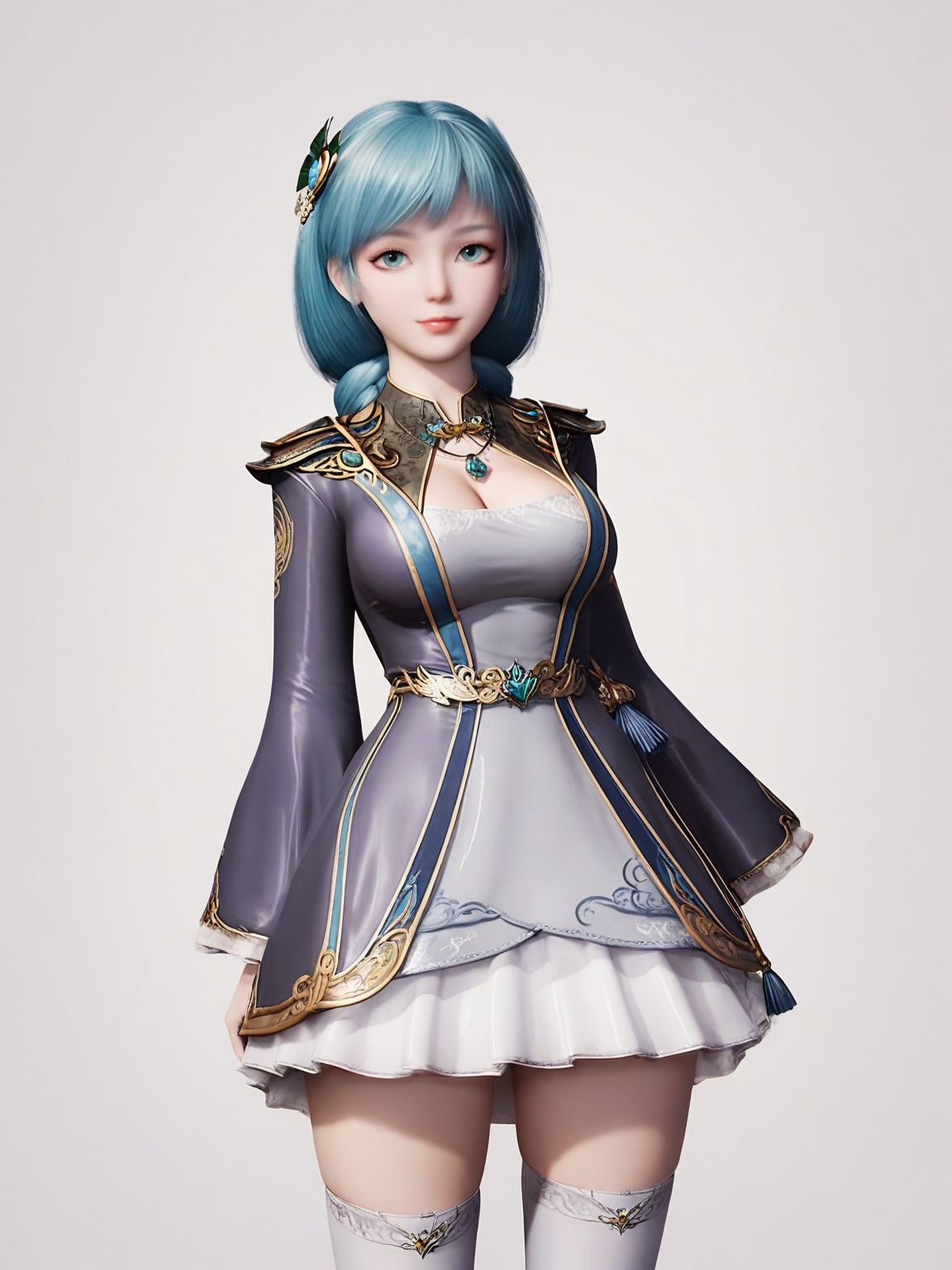 score_9,<lora:SF_XiaoXiao_Pony_Realism2.3-000004:0.7>,1girl,breasts,large breasts,standing,hair ornament,solo, dress,jewelry,skirt, thighhighs,cowboy shot,looking at viewer,white background,simple background,