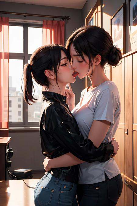 masterpiece, best quality,Ray tracing, hdr, volumetric lighting,2girls, yuri, <lora:FrenchKiss_16_FefaAIart:0.8>1boy, kiss, tongue kiss,standing,