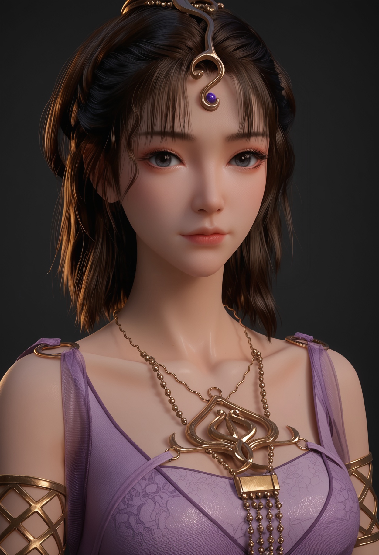 (upper_body:1.2),score_9,score_8_up,masterpiece,(best quality),intricate details,facing viewer,(looking at viewer:1.1),<lora:YQ_pony_wensiyue_V4:0.8>,q1528437228,1girl,solo,jewelry,blue dress,dress,purple dress,necklace,brown hair,long hair,black hair,hair ornament,bracelet,armlet,brown eyes,sandals,ponytail,sash,black eyes,blue eyes,BREAKscore_9,score_8_up,masterpiece,(best quality),perfect anatomy,(hourglass),perfect face,(simple background,pure black background,black background:1.1),fair_skin,shiny_skin,Ivory_skin,