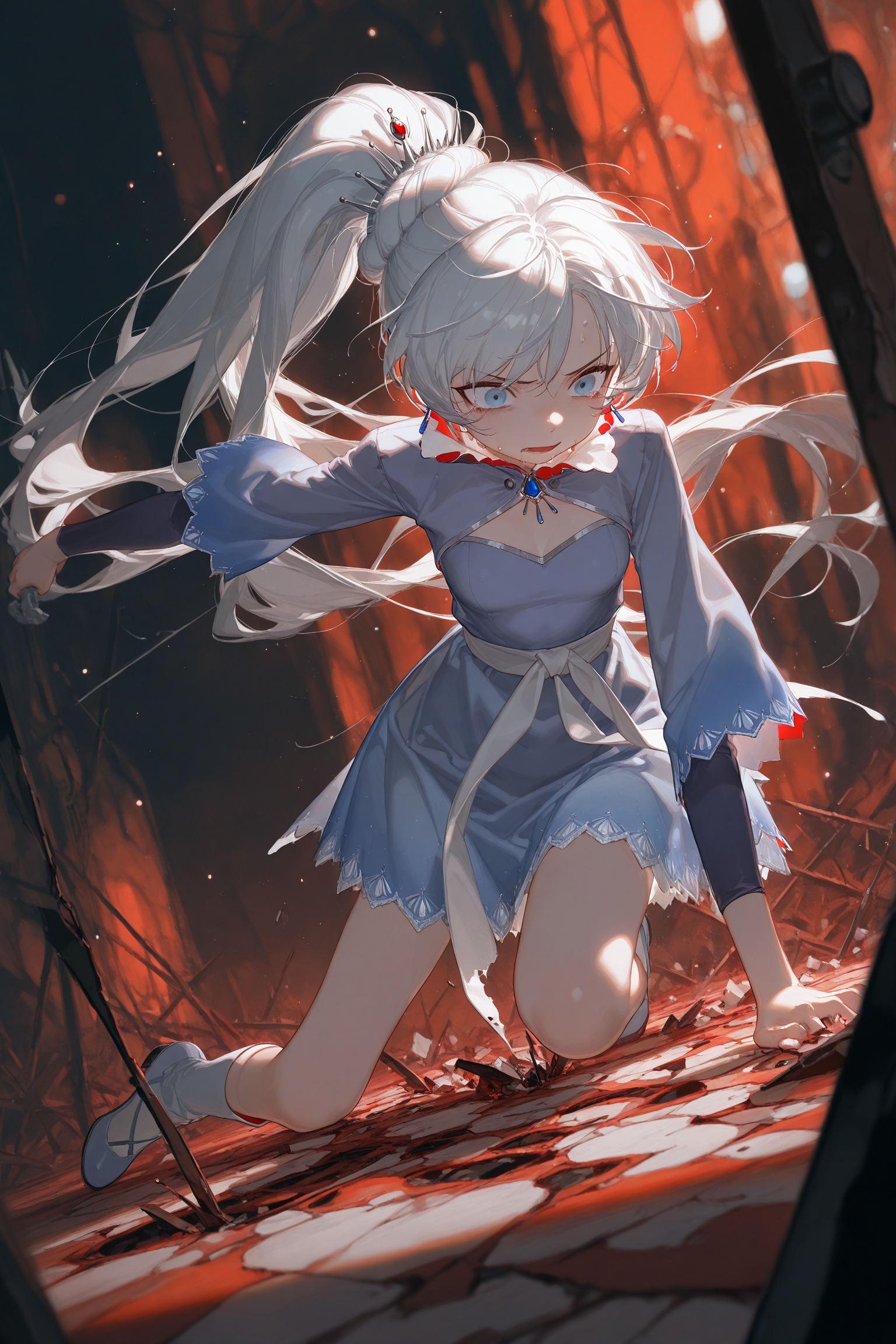 masterpiece,best quality,amazing quality,very aesthetic,absurdres,newest,extreme aesthetic,light particles,sharp focus,Emotionalization,depth of field,dutch angle,{{artist:toddler}},artist:henreader,artist:ciloranko,[artist:sho_(sho_lwlw)],[[tianliang duohe fangdongye]],1girl,weiss schnee,rwby,scary scenes,an eerie scene,broken scene,