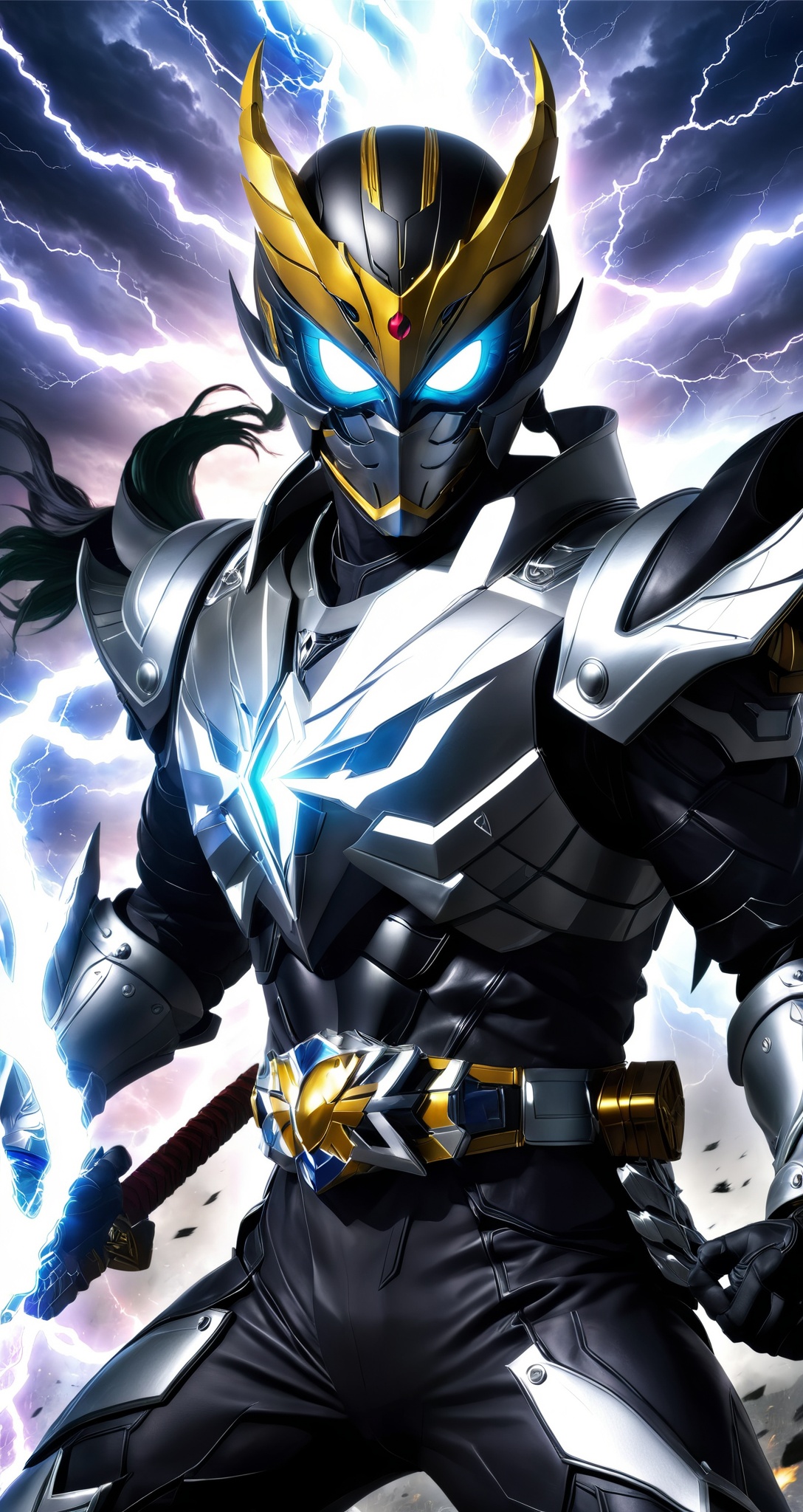 Kamen rider style,  a masked warrior of thunder fury,  wearing thunder armor and holding a lightning sword on Tensor.Art