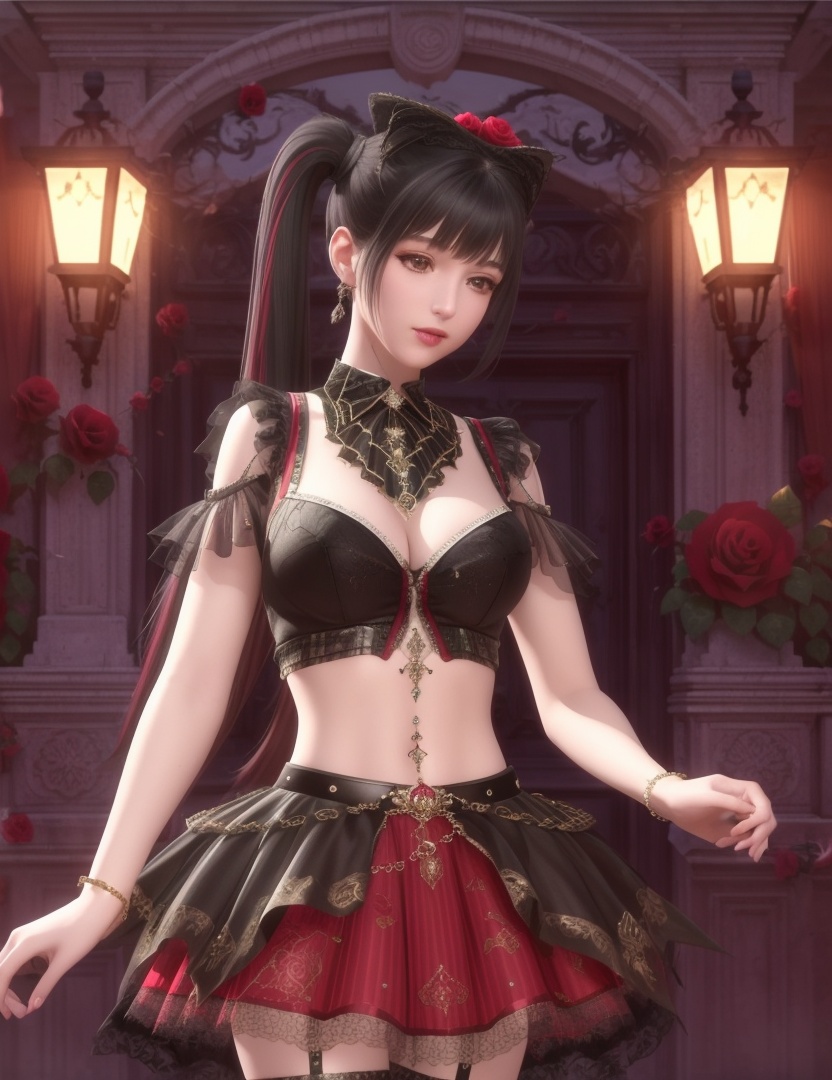 ultra realistic 8k cg, picture-perfect face, flawless, clean, masterpiece, professional artwork, famous artwork, cinematic lighting, cinematic bloom, perfect face, beautiful face, fantasy, dreamlike, unreal, science fiction , beautiful clothes, lace, lace trim, lace-trimmed legwear,  (rich:1.4), prestige, luxury, jewelry, diamond, gold, pearl, gem, sapphire, ruby, emerald, intricate detail, delicate pattern, charming, alluring, seductive, erotic, enchanting, hair ornament, necklace, earrings, bracelet, armlet,halo((,1girl, pov,))  (((,, multiple_girls, 2girls, flower, rose,, multicolored_hair, , midriff, twintails, skirt, large breasts, )))   <lora:DA_ChloeNightWings:0.6>