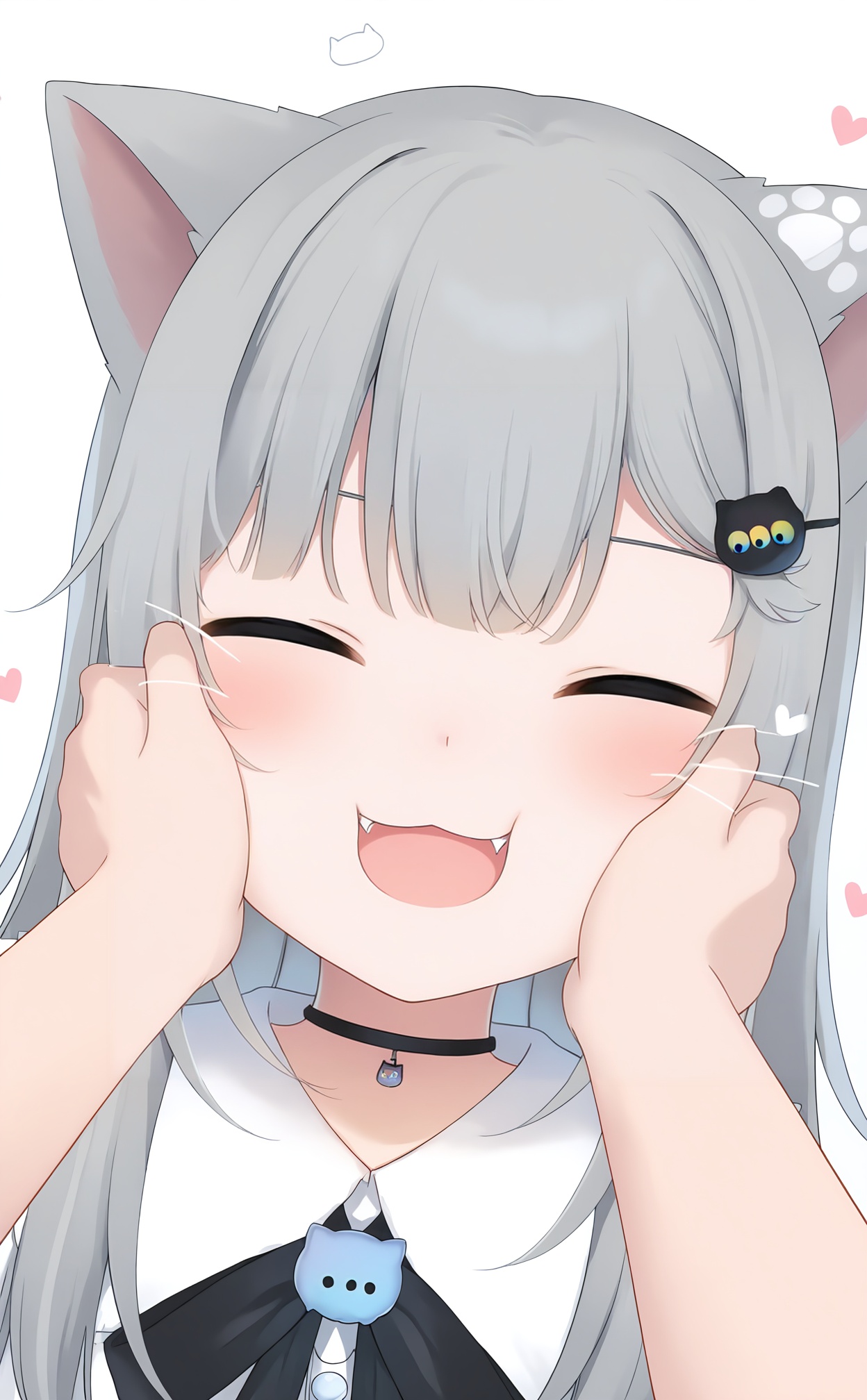 masterpiece,absurdres,best quality,loli,petite,high quality,//,1girl, grey_hair, closed_eyes, fangs, animal_ears, virtual_youtuber, cat_ears, hair_ornament, facing_viewer, white_background, long_hair, heart, simple_background, hairclip, hands_on_another's_cheeks, open_mouth, solo_focus, smile, hands_on_another's_face, black_choker, collared_shirt, whiskers, pov_hands, pov, cat_hair_ornament, choker, nyan, shirt, :d, cat_girl, eyebrows_hidden_by_hair, romaji_text, blush, cheek_squash, portrait, hands_up, :3, collared_dress, out_of_frame, 1other, upper_body, white_shirt//,//,<lora:gancheng2——【noob】hans:1>,