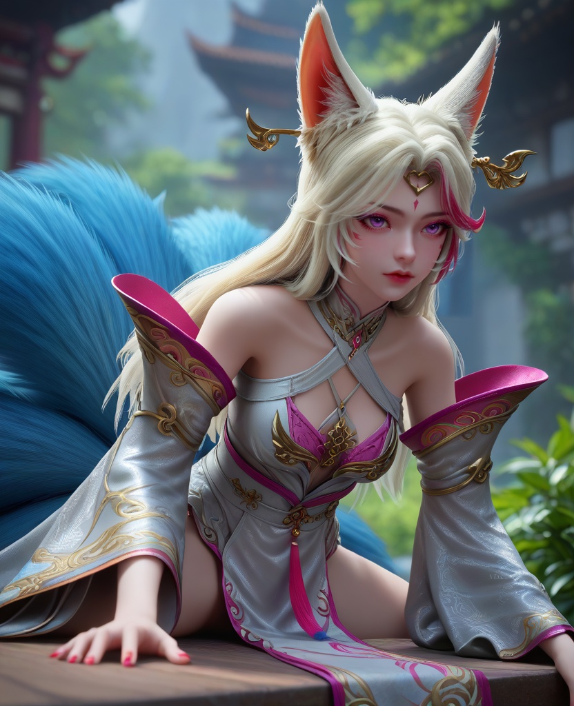 (oriental architecture, elegant decor, sophisticated style:1.1),(rest her head and arms on the table:1.1),(breasts:1.2),<lora:XL16克金玩家小狸九尾:0.95>,fox girl,white china dress,purple eyes,facial mark,white hair,pink streaked hair,long hair,fox ears,hair ornament,multiple tails,wide flowing sleeves,pink bra,eyelashes,sharp red fingernails,see-through fart curtain,, zPDXL2, score_9, score_8_up, score_7_up BREAK realistic, masterpiece,best quality, highly detailed,, zPDXL3, zPDXL2,zPDXL, zPDXLxxx, zPDXLrl,