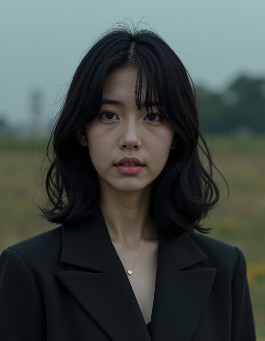 HDR photo of cinematic film still, 1girl, solo, black hair, upper body, outdoors,