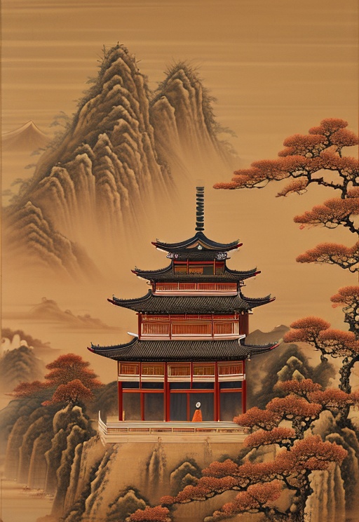 Chinese painting, architecture, east asian architecture, no humans, scenery, tree, outdoors, cloud, sky, mountain, <lora:Chinese painting_V10:0.9>, 