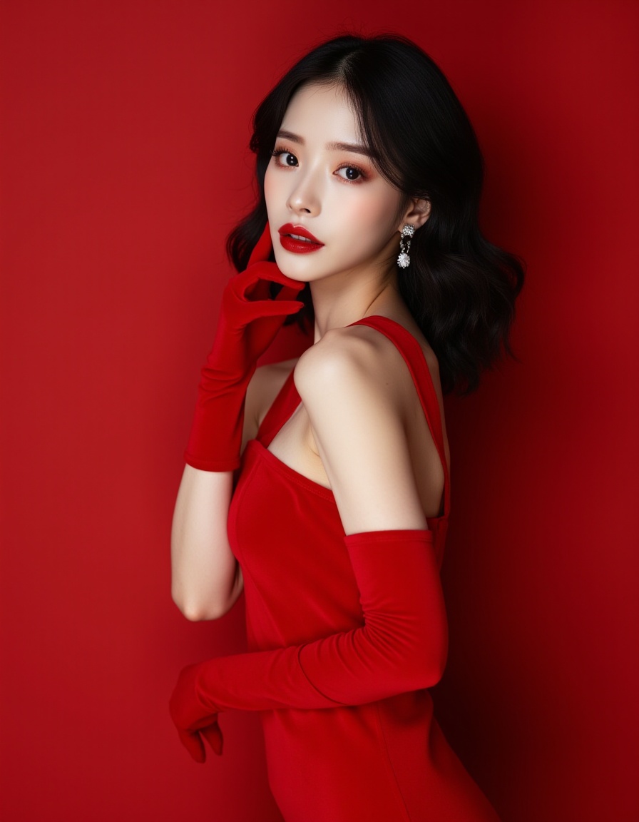 a beautiful white girl korea model wearing makeup Small, delicate nose.V-shaped jawline. Full, pouty lips.Fair, flawless skin,  posing Seductive with a sophisticated flair, adorned in what appears to be a luxurious fitted red Dress  and gloved. Her expression is poised and confident, accentuated by bold red lipstick and elegant makeup, which aligns with the chic, high-fashion theme conveyed through her attire. The background is simplistic and non-distractive, ensuring all attention is directed towards her. Her clothing contrast strikingly with her lighter skin tone and softly curled hairstyle, enhancing the overall impact of her appearance. Her pose is very sensual. The visual composition leverages fashion elements to evoke a sense of luxury and refined taste, High detailed, beautiful, full body, expresive jewels, 8k