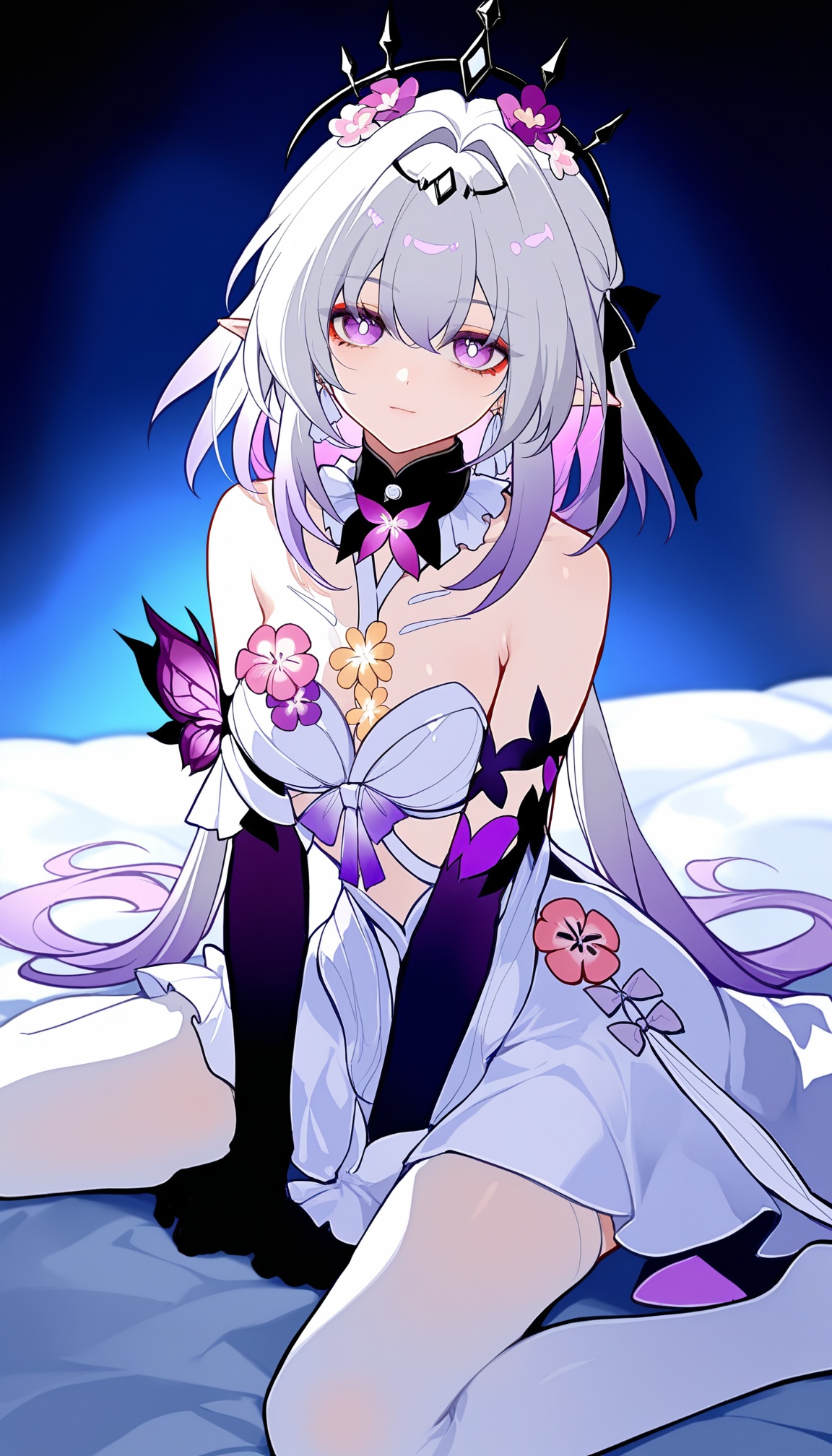 xiadie,a girl named xiadie,1girl,solo,bare shoulders,white dress,black gloves,purple gloves,elbow gloves,purple flower,white thighhighs,<lora:瑕蝶2noob:1>,indoors,bedroom,wariza,expressionless,light smile,honkai: star rail,year 2024,(sheya:0.2),(ooo_wange:1),(wlop:0.0),very awa,very as2,best quality,masterpiece,best quality,absurdres,highres,newest,