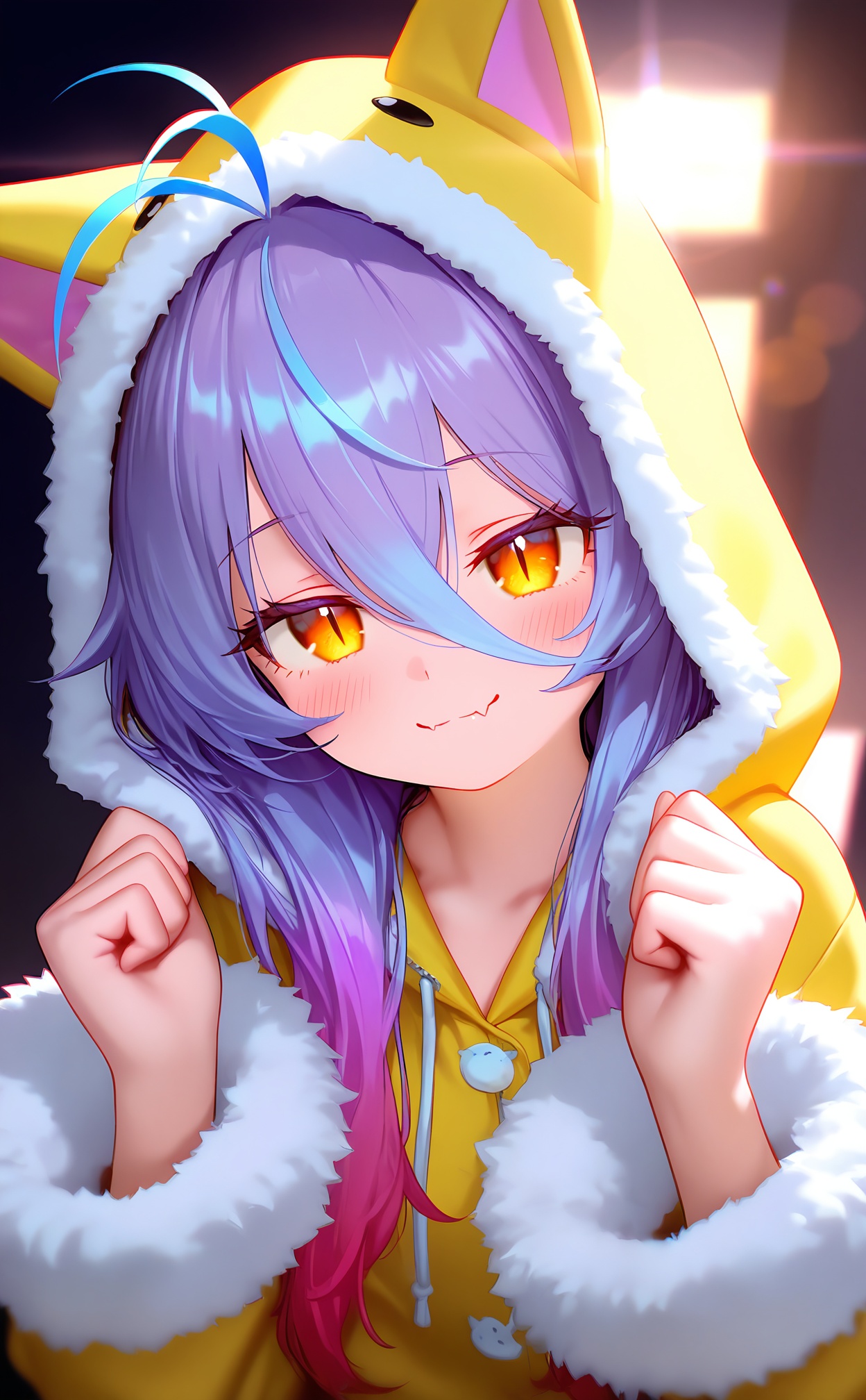 masterpiece,absurdres,best quality,high quality,chromatic_aberration,loli,petite,//,1girl, purple hair, solo, hair between eyes, long sleeves, hood, hood up, long hair, looking at viewer, hands up, closed mouth, blush, yellow eyes, multicolored hair, upper body, smile, pajamas, gradient hair, fur-trimmed sleeves, animal hood, fur trim, antenna hair, clenched hands, skin fangs, skin fang, slit pupils, hoodie, orange eyes, collarbone, blue hair, yellow hoodie, fangs, red hair, fang, blurry, jacket//,highres,HDR,8K,high contrast,illustration,depth of field,(colorful),Tyndall effect,contrast,lens flare,<lora:nyalia22——【noob】hans:1>,