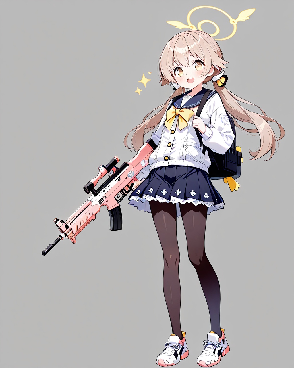 O,ultra detailed anime texture,1girl, hifumi (blue archive), weapon, pantyhose, gun, school uniform, halo, twintails, bag, low twintails, solo, assault rifle, black pantyhose, yellow eyes, rifle, bullpup, skirt, full body, open mouth, light brown hair, long hair, simple background, looking at viewer, backpack, shoes, smile, blush, hair between eyes,(UHD),anatomically correct,accurate,textured skin,super detail,high details,award winning,best quality,high quality,retinal,HD,16k,1080P,