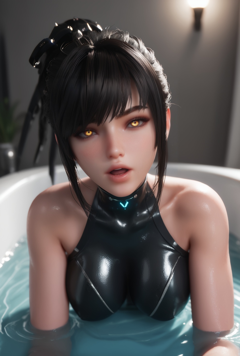 supermodel,score_8_up,score_7_up,hyperdetailed,hyperrealistic,volumetric lighting,focus on face,textured skin,eye lighting,SkinHairDetail,zPDXL,very attractive,Expressiveh,realistic skin,score_9,score_8_up,score_9,score_8_up,1 girls,high cold face,yujie,perfect round large,breasts,jewelry,beautiful eyes,detailed eyes,naughty face,shiny_skin,<lora:6jx:0.8>,black hair,bodysuit,breasts,lips,long hair,parted lips,ponytail,ribbon,short hair,bathroom,lights of pink,fun,blush,super masara ahegao,dim lighting,partially submerged,soak in the bathtub,(towel wiping face:1.2),
