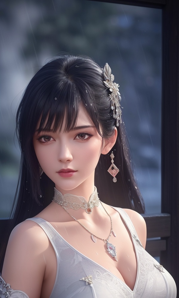 <lora:418-DA-百炼成神-莫雨馨:0.8> ,(,1girl, ,best quality, ),looking at viewer, ,ultra detailed 8k cg, ultra detailed background,  ultra realistic 8k cg,          cinematic lighting, cinematic bloom, (( , )),,  , unreal, science fiction,  luxury, jewelry, diamond, pearl, gem, sapphire, ruby, emerald, intricate detail, delicate pattern, charming, alluring, seductive, erotic, enchanting, hair ornament, necklace, earrings, bracelet, armlet,halo,masterpiece, (( , )),,  ,cherry blossoms,(((, night,night sky,,  ultra high res, (photorealistic:1.4), raw photo, 1girl, , rain, sweat, ,wet, )))(( , ))   (cleavage), (), 1girl, , , depth_of_field, solo, , ,
