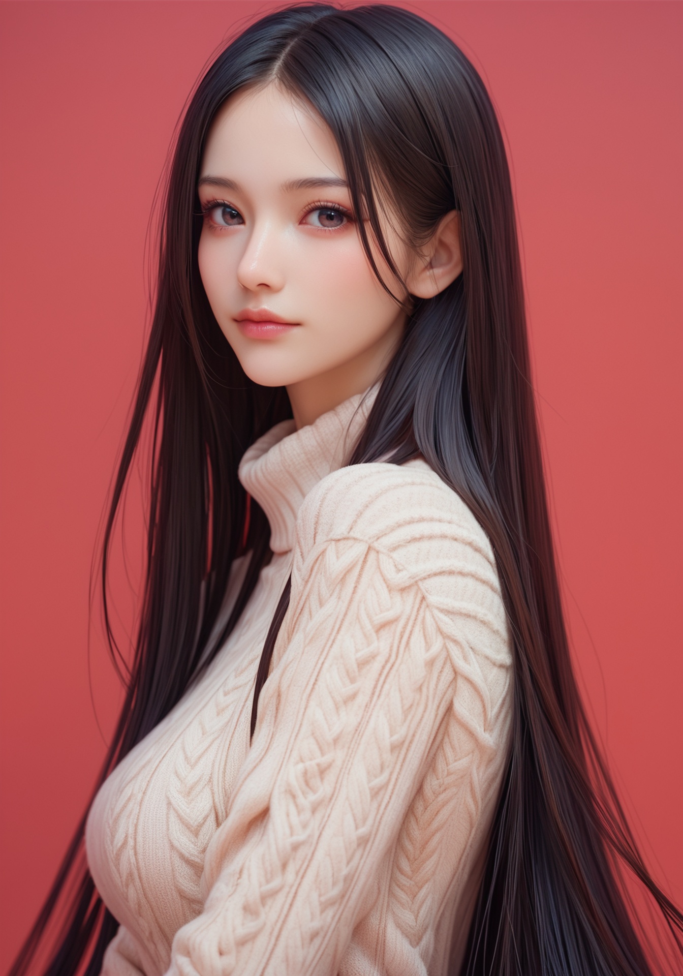 ,score_9,score_8_up,score_7_up, 20 years old, 8k, hd, beautiful girl, black hair, very long hair, straight hair, closed mouth,1girl, detailed face, beautiful woman's face, sweater, red background, looking at viewer,