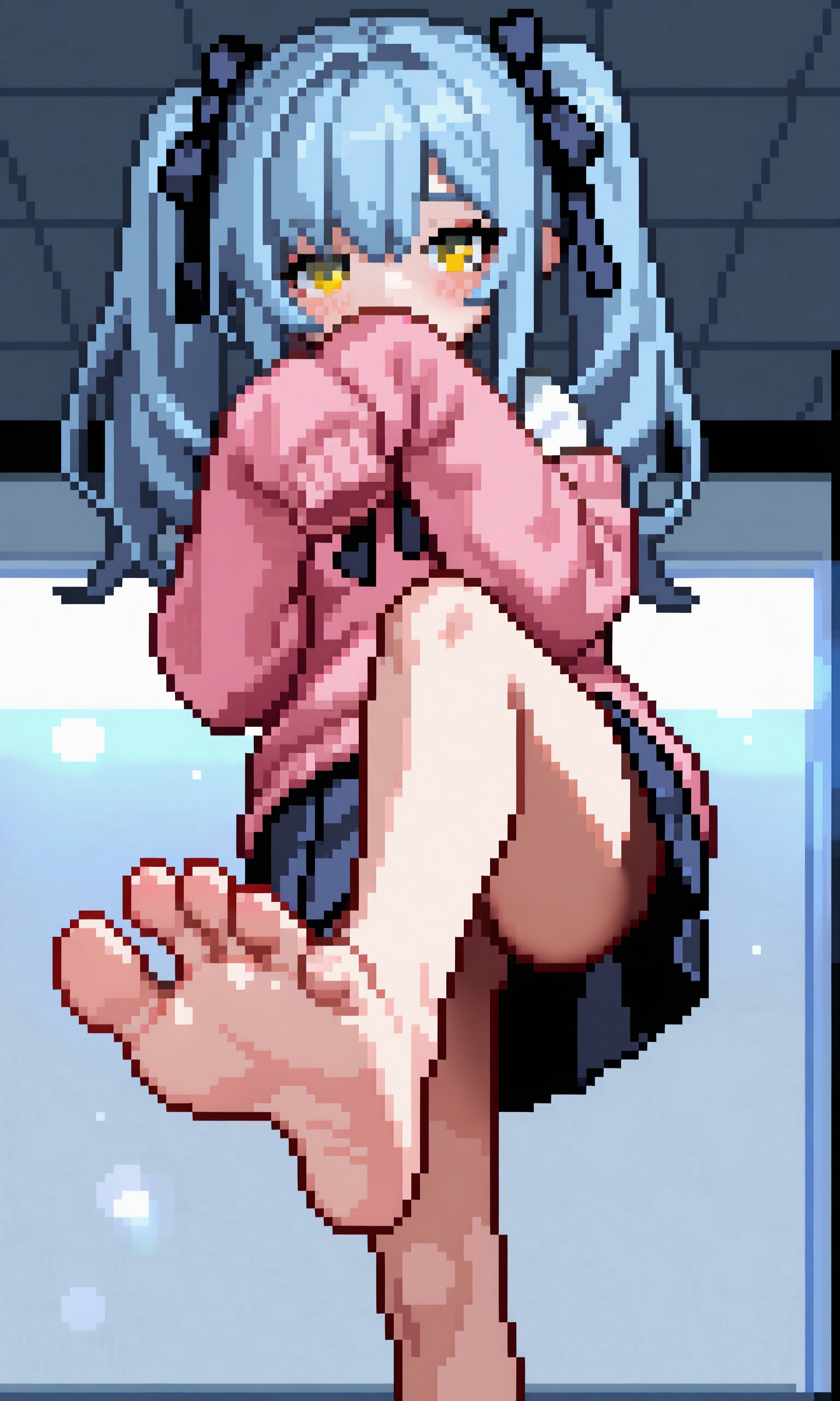 mahito,kaede \(sayappa\),flat color, (((fisheye lens))),1girl,feet,soles,barefoot,toes,yellow eyes,foot focus,solo,blue hair,looking at viewer,long hair,hair ribbon,foreshortening,ribbon,sleeves past wrists,blush,twintails,sleeves past fingers,bare legs,legs,pink sweater,foot up,presenting foot,black ribbon,indoors,skirt,long sleeves, Cinematic Lighting,lens flare,moody lighting,available light,Tyndall effect,,,, ,masterpiece, best quality,  absurdres, newest,  very aesthetic, amazing quality,highres,sensitive,  highres, ultra detailed, best anatomy, HDR, 8K, high detail RAW color art, high contrast, large pupil,