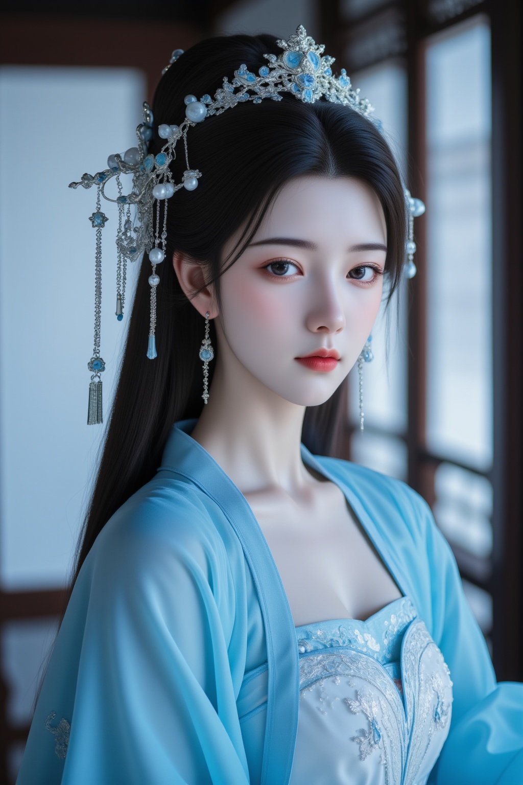 Cinematic photo a photograph of a woman with fair skin and long black hair,blue and white hanfu,
