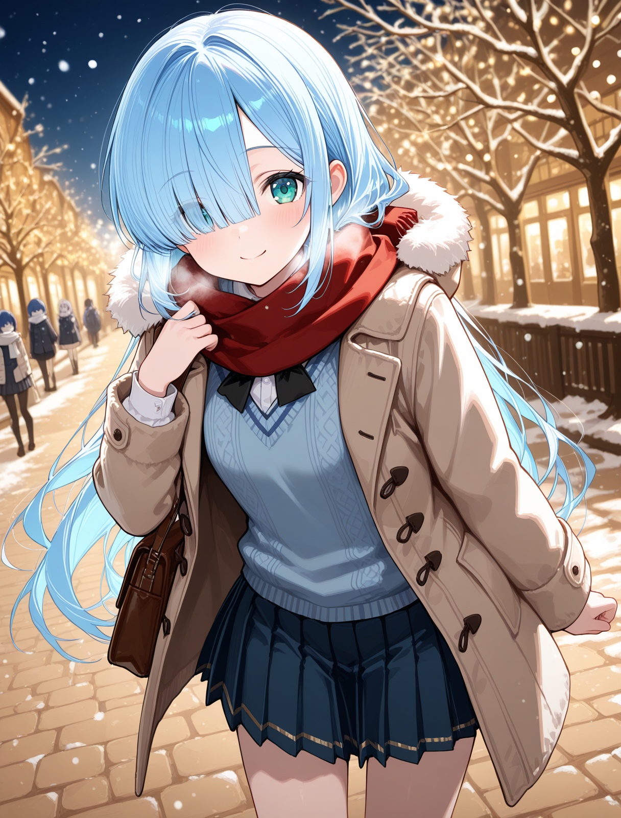 <lora:janus_IL_v1.0:1>,janus,blue hair,hair over one eye,smile,sweater vest,scarf,skirt,winter coat,, masterpiece,best quality,