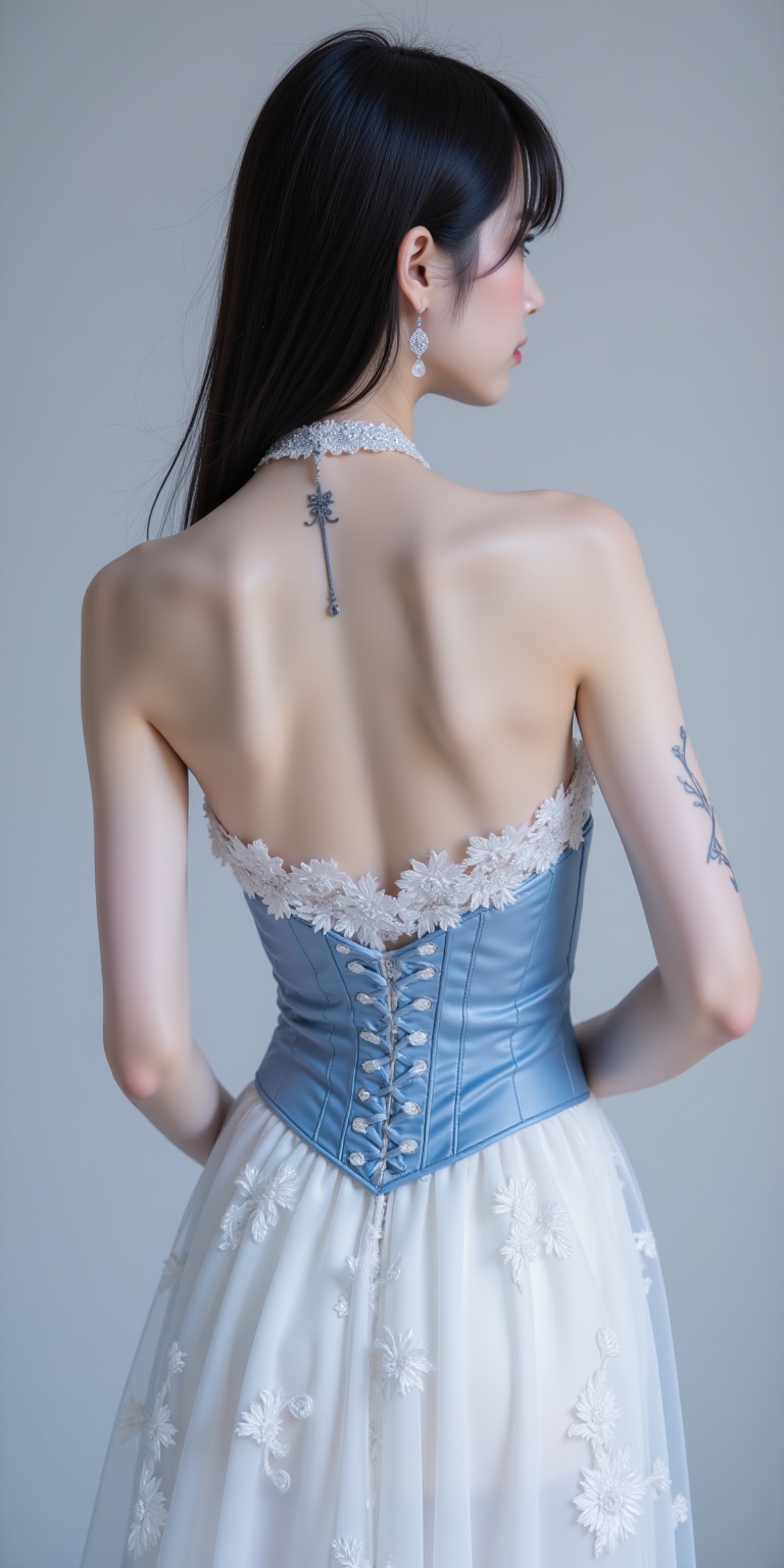 A photograph of a slender,fair-skinned Asian woman with long,straight black hair. She wears a strapless,white gown with a blue corset and sheer,floral-patterned overlay. Her back is partially exposed,revealing a delicate tattoo. She accessorizes with a choker and earrings. The background is a plain,light gray.,<lora:flux-lora_极品1-3:1>,
