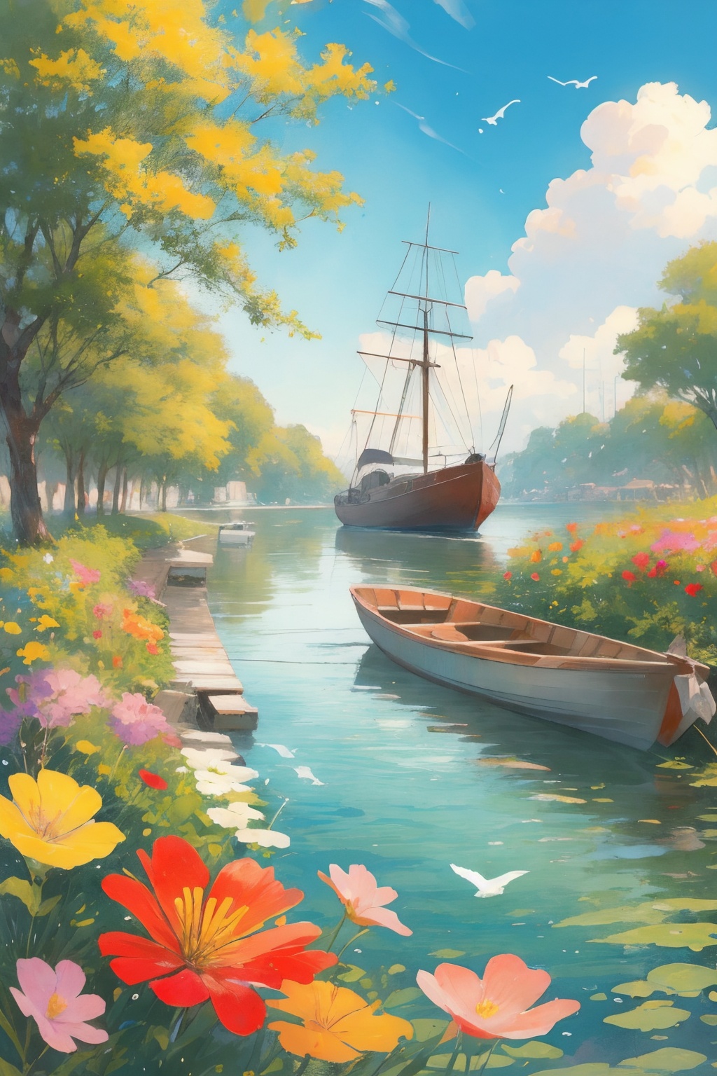 masterpiece,best quality,bird,boat,scenery,tree,flower,watercraft,water,solo,sky,outdoors,