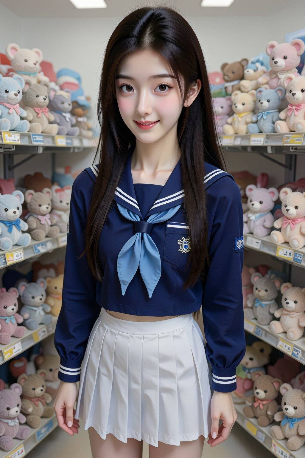 A young Asian woman with long black hair stands in a toy store and smirk,  wearing a navy blue sailor-themed outfit and a...