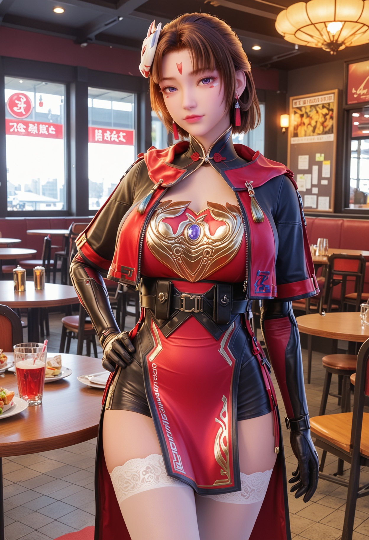 (looking_at_viewer:1.2),(cowboy shot:1.1),(gigantic breasts:0.8),(slender:0.9),<lora:YQ_pony_cf_sunshangxiang_V4:0.8>,q1528437228,solo,1girl,brown hair,(clothes:1.4),short hair,forehead mark,jewelry,white thighhighs,earrings,brown eyes,red footwear,long hair,hair ornament,purple eyes,blue eyes,mole under eye,black gloves,(cafeteria,:1.1),