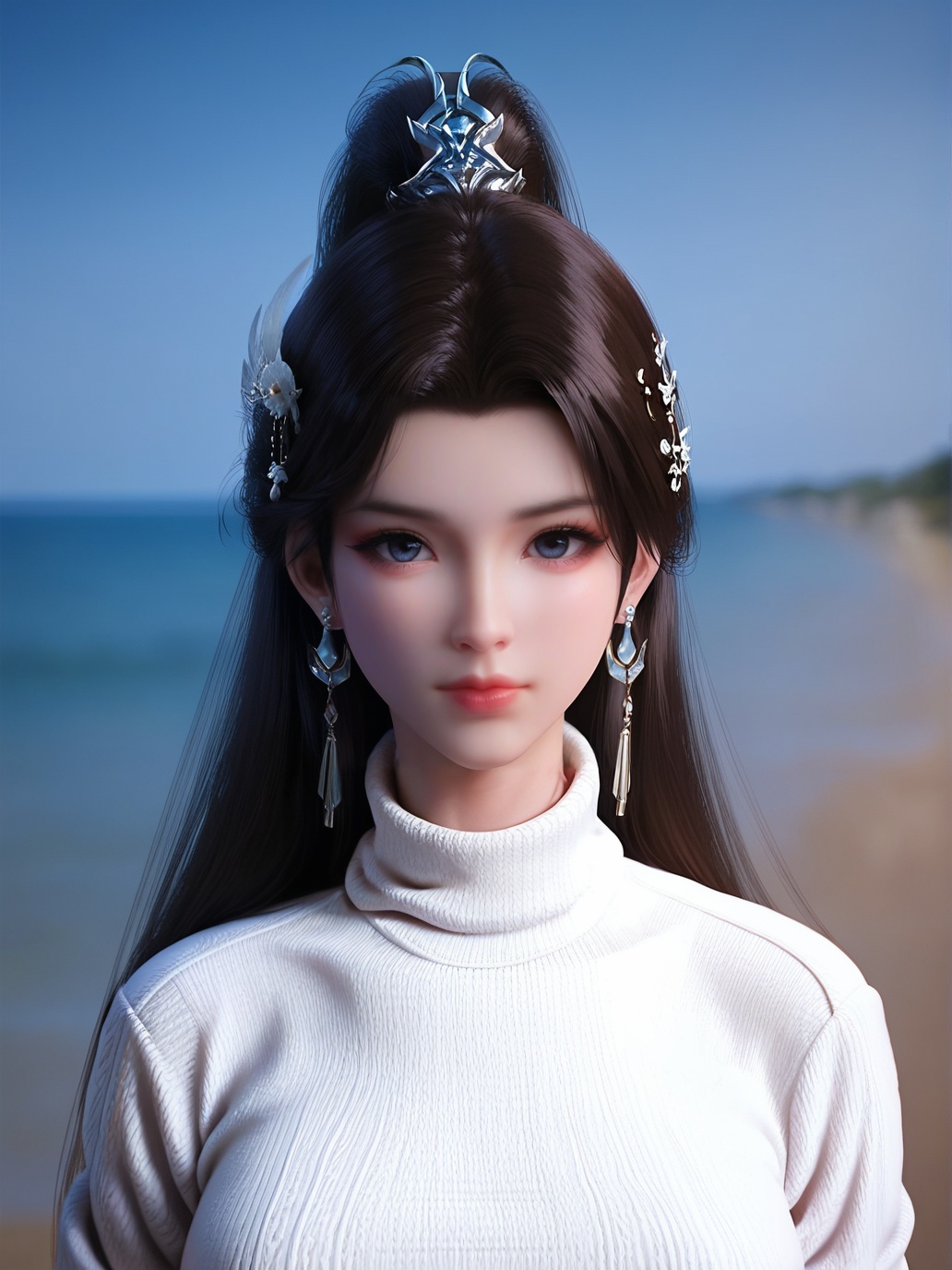 zPDXL3,score_9,score_8_up,score_7_up,source_realistic,rating_safe,<lora:xuner-000006:1>,xuner,1girl,solo,closed mouth,ponytail,hair ornament,jewelry,earrings,(white sweater:1.2),looking at viewer,arms behind back,upper body,outdoors,sunlight,ocean,depth of field,blurry background,