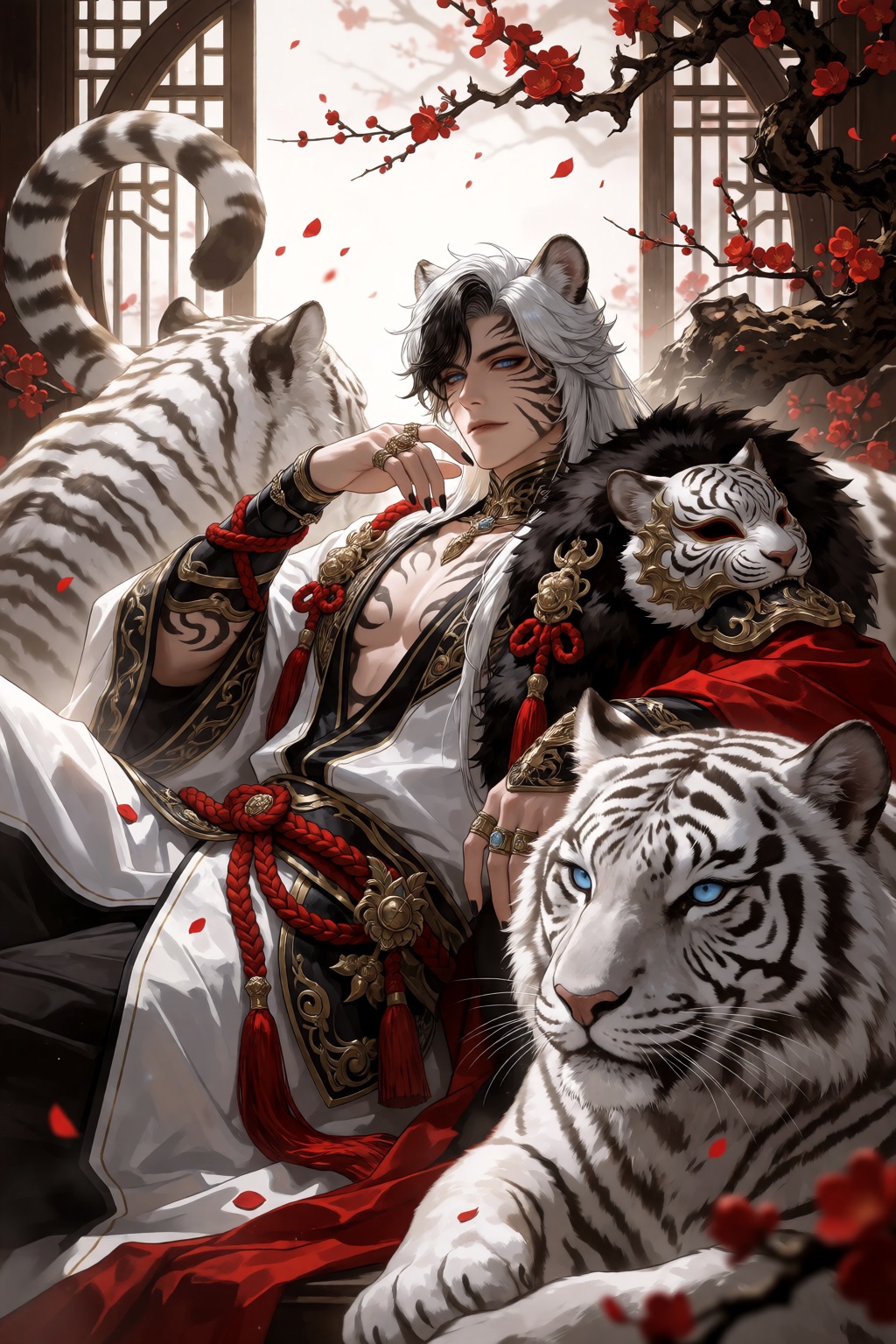 A detailed fantasy wuxia illustration of a man reclining comfortably between two large white tigers. He has long white hai...