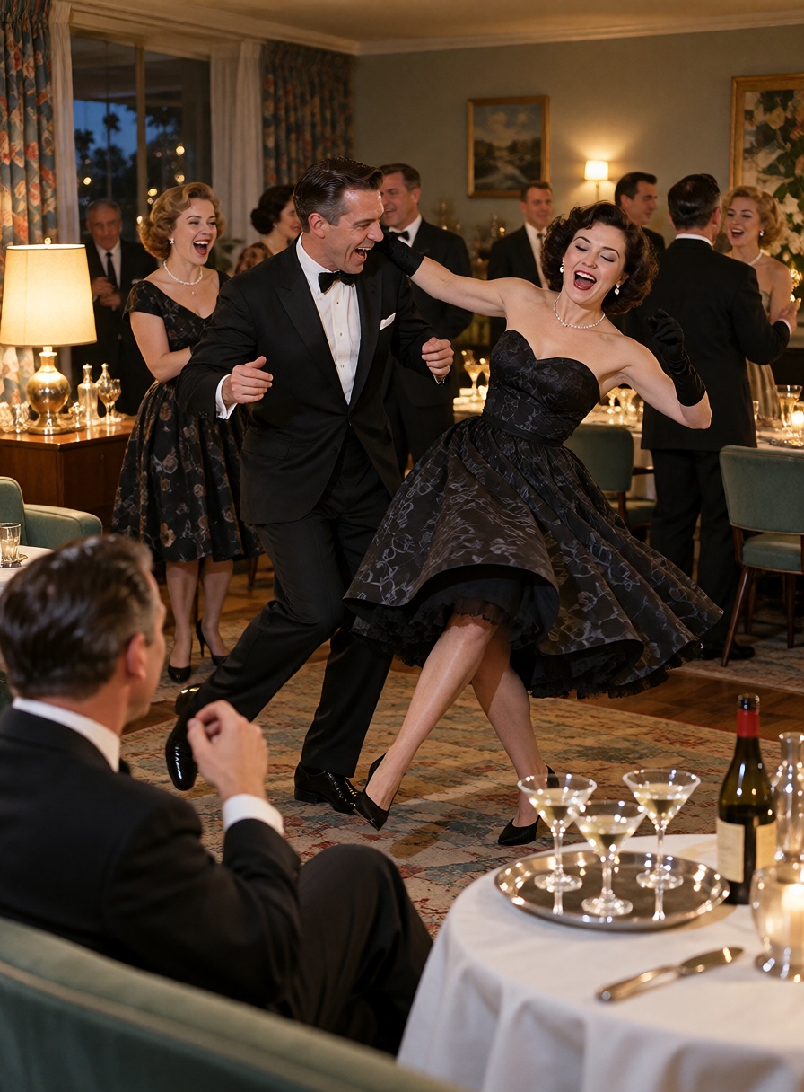 A lively 1950s cocktail party where one guest attempts an ambitious dance move and nearly knocks over a tray of martini gl...