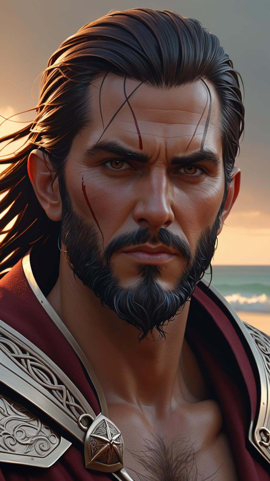 (masterpiece), (extremely intricate), fantasy, (((realistic portrait of an evil hermit, male, villain, anti hero, evil face, masculine face, medium hair, Maroon hair, wicked, cruel, sinister, malicious, ruthless, masculine, athletic))), (((dark bloody clothing, intricate details on clothing))), (perfect composition:1.4), aspect ratio 1:1, beach, deviantart hd, artstation hd, concept art, detailed face and body, award-winning photography, margins, detailed face, professional oil painting by Ed Blinkey, Atey Ghailan, Jeremy Mann, Greg Manchess, Alex Gray, trending on ArtStation, trending on CGSociety, intricate, high detail, sharp focus, dramatic, award winning matte drawing cinematic lighting octane render unreal engine volumetrics dtx