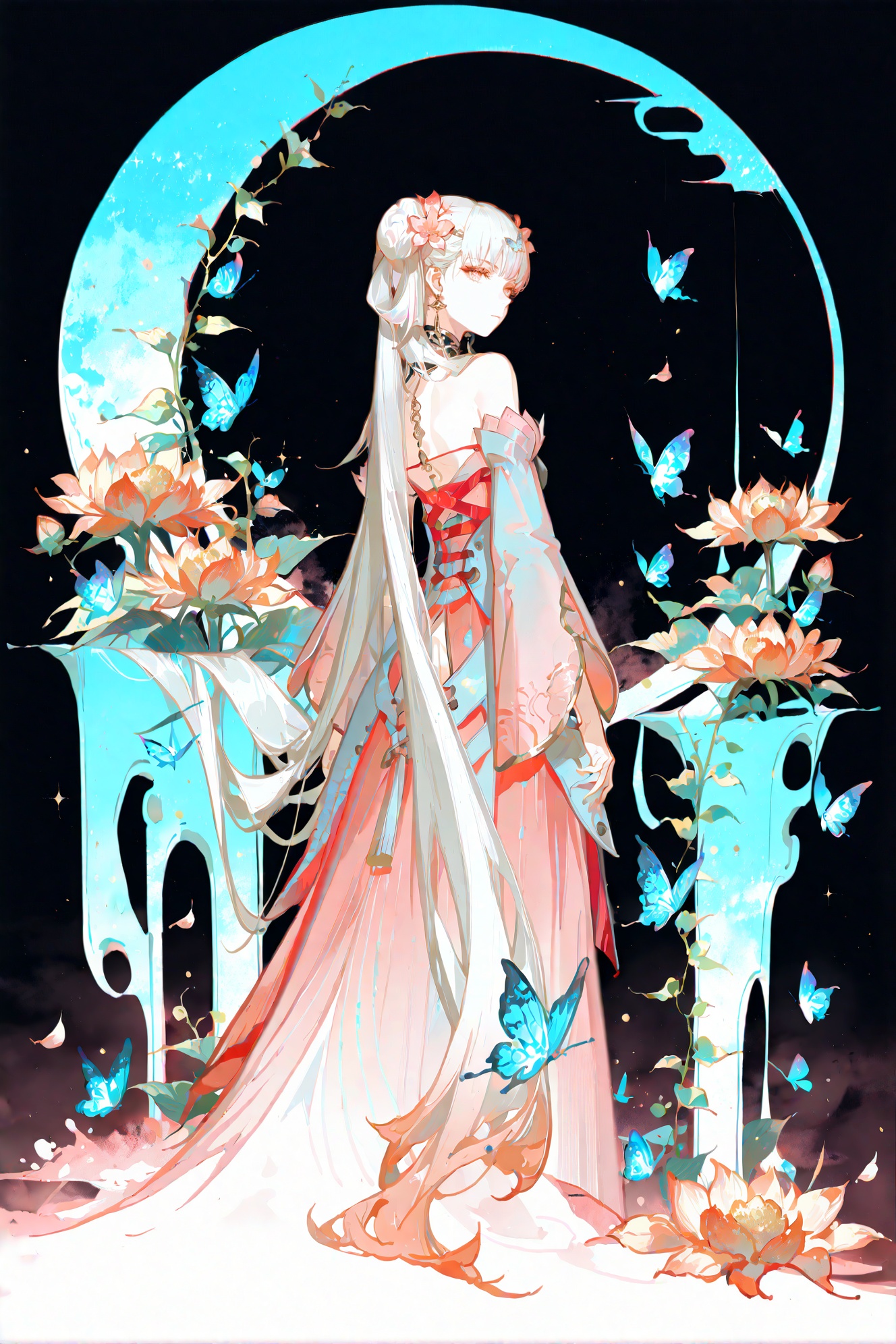 masterpiece,best quality,Good quality,very aesthetic,absurdres,newest,1girl,by rella,solo,long_hair,long_sleeves,dress,closed_mouth,full_body,expressionless,moon,plant,bug,butterfly,limited_palette,vines,two-sided_fabric,blue_butterfly,looking_at_viewer,<lora:ponyv6_noobV1_2_adamW-000017:0.8>,<lora:USNR_STYLE_XL_lokr:1>,<lora:jxnew-noob-Tanger-000014:0.8>,jinhsi,jinhsi \(peach blossom\) \(wuthering waves\),(clothes:peach blossom pink dress,alternate costume,bare shoulders:1.2),flower-shaped pupils,1girl,hair ornament,hair flower,twintails,bangs,jewelry,very long hair,