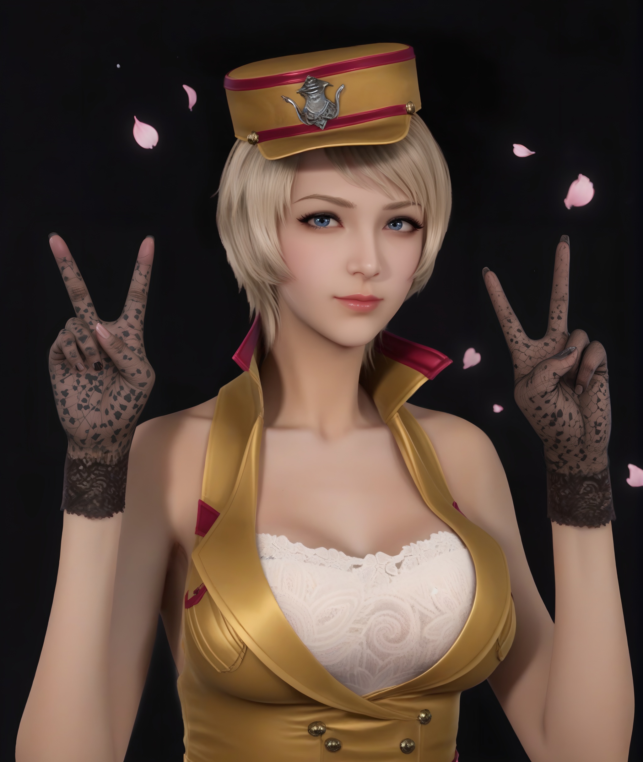 (score_9),mature female,<lora:潜-灵狐-pony:0.85>,1girl,solo,blonde hair,short hair,blue eyes,halter dress,white bra,lace bra,high collar,bare shoulders,military hat,black gloves,lace gloves,collarbone,(double_v:1.1),looking at viewer,BREAK<lora:e肤色滑块:0.8>,(white_skin),(sweaty skin),(Ivory_skin),light_skin,very sweaty,(pale_skin),(fair_skin),twig,branch,falling petals,simple background,black background,rim light,Volumetric Lighting,lens flare,Tyndall effect,depth of field,bokeh,sparkle,