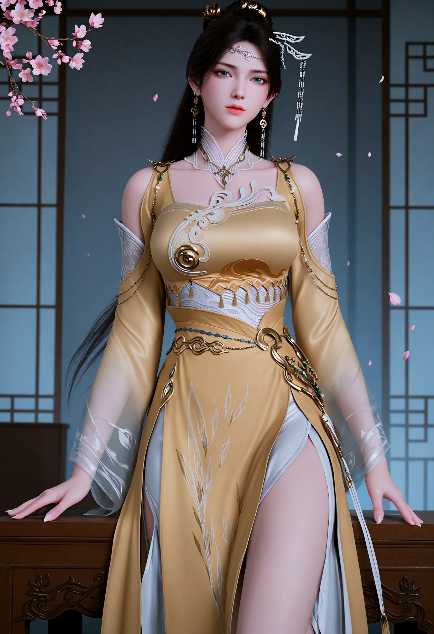 (gigantic breasts:0.6),(slender:1.3),(looking_at_viewer:1.1),(masterpiece:1.1),(best quality:1.2),(intricate details),upper_body,dim lighting,(smog:1.3),(Dark room:1.3),(dim lighting:1.3),peach blossom,falling petals,<lora:YQ_li光辉v5_金瓶儿_V1:0.8>,1girl,solo,q1528437228,long_hair,jewelry,earrings,hair_ornament,dress,black_hair,realistic,chinese_clothes,yellow_dress,green_eyes,brown_hair,hair_bun,necklace,single_hair_bun,bare_legs,feet,hair_rings,masterpiece,(best quality),(intricate details:0.9) BREAK masterpiece,(best quality),(intricate details:0.9),(realistic skin:1.2),