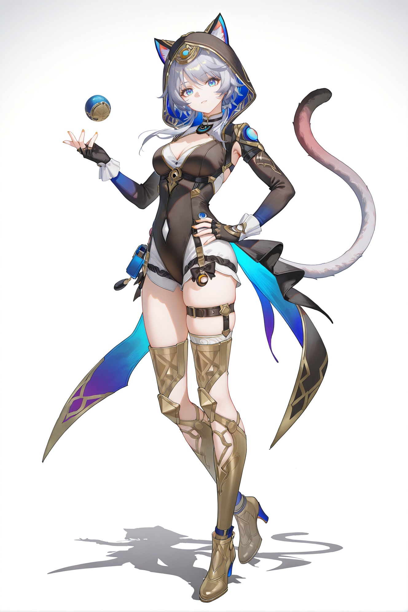 8k,best quality,masterpiece,(ultra-detailed),(high detailed skin),((artist:reoen), (artist:torino_aqua),year 2024:0.8)1girl,[artist:wlop],[artist:ningen_mame],artist:ciloranko,[[artist:rhasta]],artist:tidsean,artist:iumu,full body,full shot,standing,looking at viewer,(solo:1.2),simple background,(white background:1.2),hand on own hip,(white background:1.1),<lora:Cipher-ill-Tanger-000012:0.8>,Cipher \(honkai: star rail\),cat girl,cat ears,cat tail,clothes: Cipher black clothes,1girl,blue eyes,breasts,fingerless gloves,thighhighs,boots,