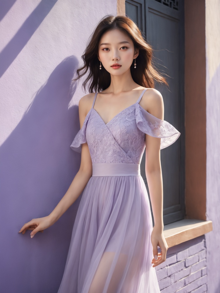 (fashion dynamic girl:1.3),Chinese model,(half-body photo:1.1),looking_at_viewer,delicate texture skin,(fashion clothing design:1.1),soft sunlight,(lavender atmosphere:1.1),outdoors,solid color building,background wall,masterpiece:1,2),best quality,masterpiece,highres,perfect lighting,