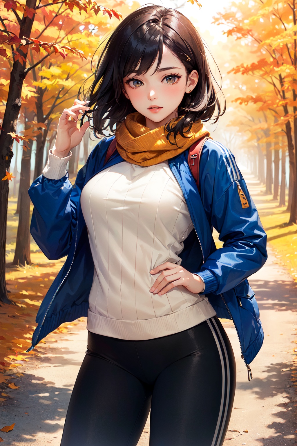 (masterpiece, best quality, hires, high resolution:1.2), (beautiful, aesthetic, perfect, delicate, intricate:1.2), (cute, adorable), (depth of field:1.2), (1girl, solo), (a sexy mature woman), (wearing sweater and colorful hiking jacket), (colorful yoga pants), scarf, (at forest), (fall, autumn), (cowboy shot:1.4),